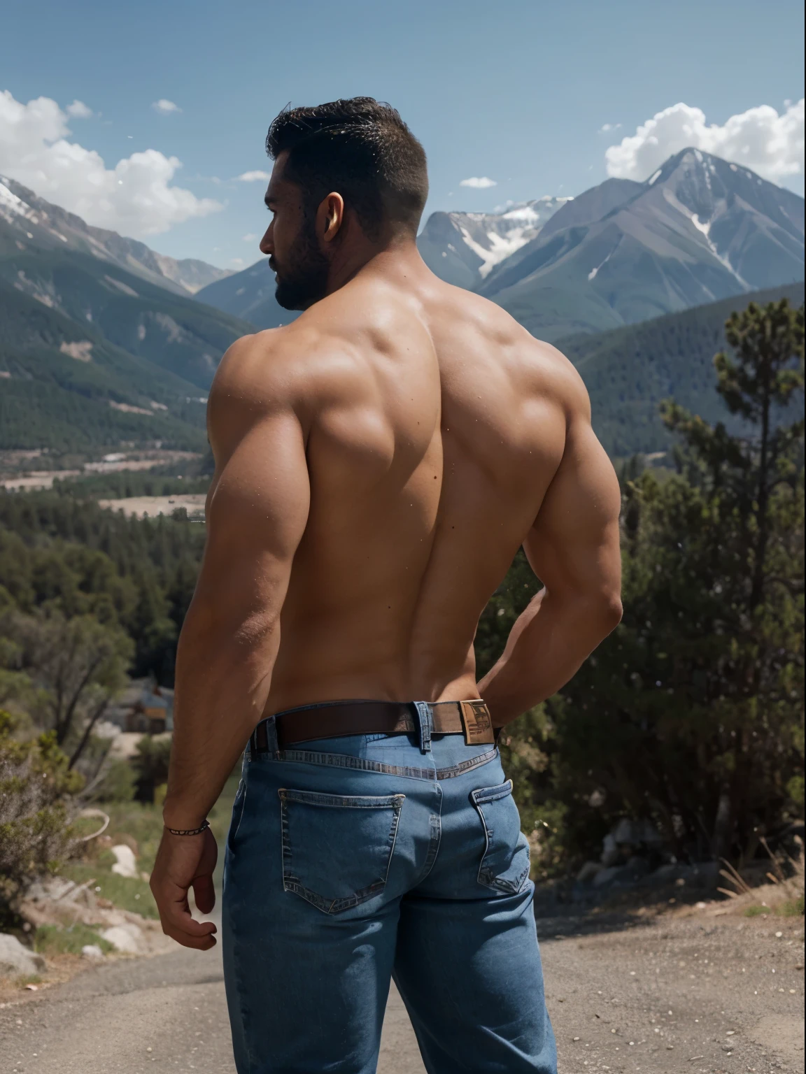  man in lumberjack suit (cuadros blancos y negros), muscular,  (con camisa) enfoque masculino, enfocarse solo, piel bronceada, 38-year old man,  muscular, fuerte, peludo, Masculino, (descamisado), In the background a mountain, en una ciudad, amazing composition, HDR, volumetric lighting, Macho. full body blue white jeans backside 
