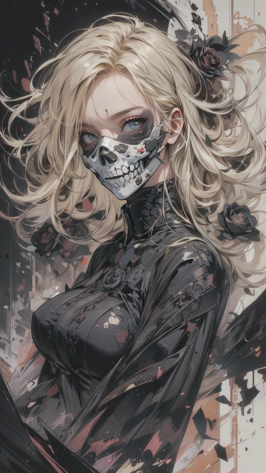 (masterpiece, High resolution, highest quality), Composition from head to thighs:1.3, Upper body focus, A 20-year-old woman wearing a large black cloth over her naked body., Skull Face Mask, Blonde Hair, Disorganized, Black Rose Collage, abstract design, artistic juxtapositions, Black Background, mixed-media approach, Anime Style, simple lines, Digital Painting,