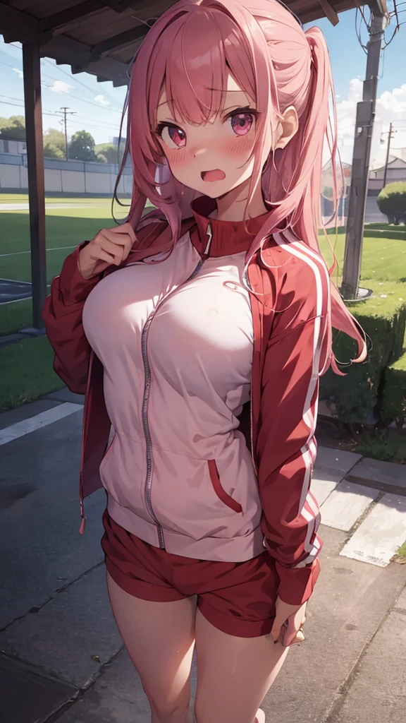 mastute piece,Best Quality,insanely detailed,8k cg,
shoot upper body,
1girl,standing,body in front,looking at viewer,(red track suit,pink buruma),
blush,shy,(trembling:1.2),pink hair,break,open mouth,large breast,outdoor sports field,