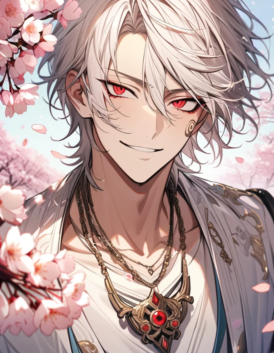 Ultra detailed, Highres, absurdres, Aohitsugi Samatoki, white hair, red eyes, white dress shirt, Hypnosis Mic, necklace, cherry blossoms, spring, petals, very handsome, 1 man, very detailed face and eyes, smirking,