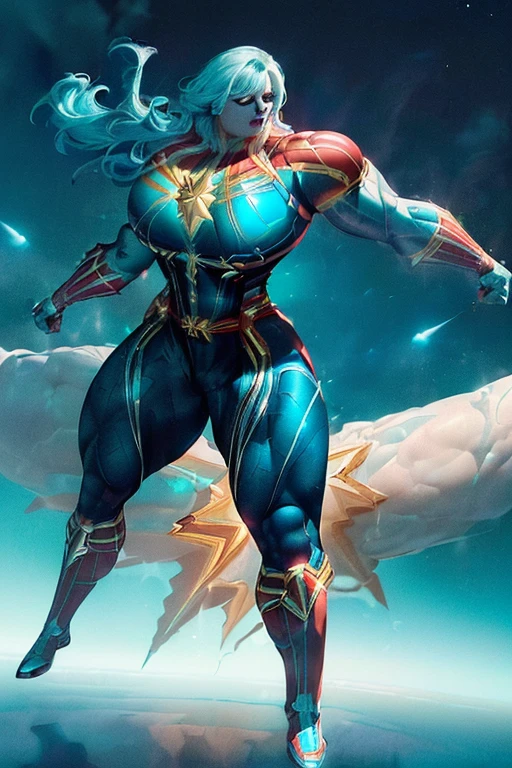 ((((Massive, beautiful, buff, pale white skinned muscular woman with cyan hair, black lipstick, ginormous bulky muscles, flying and wearing a cyan captain marvel costume with pants)))), (massive muscle), (massive biceps), (beachy long hair), purple eyes, hero gloves, spiked gauntlets, hero boots, in the void of space, determined,