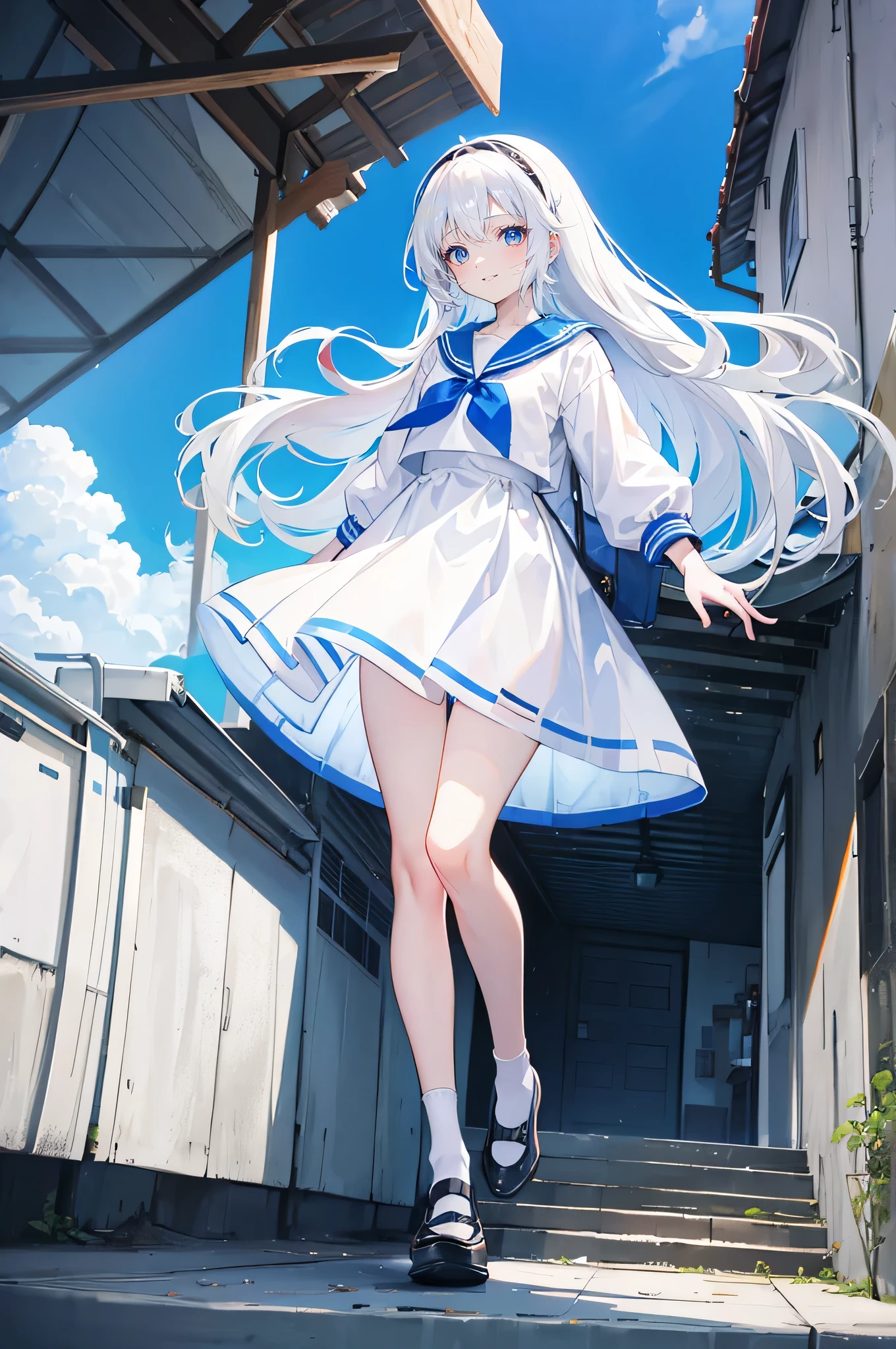 White hair，Long hair，Bangs，Bangs neatly，Hairband，Gray eyes，girl，cute，laughing expression，Happy and happy expression，Sailor Suit，White socks on feet，Wear small leather shoes，Standing on the ground，whole body，Don't show your arms，The background is the roof of the building，Blue sky and white clouds