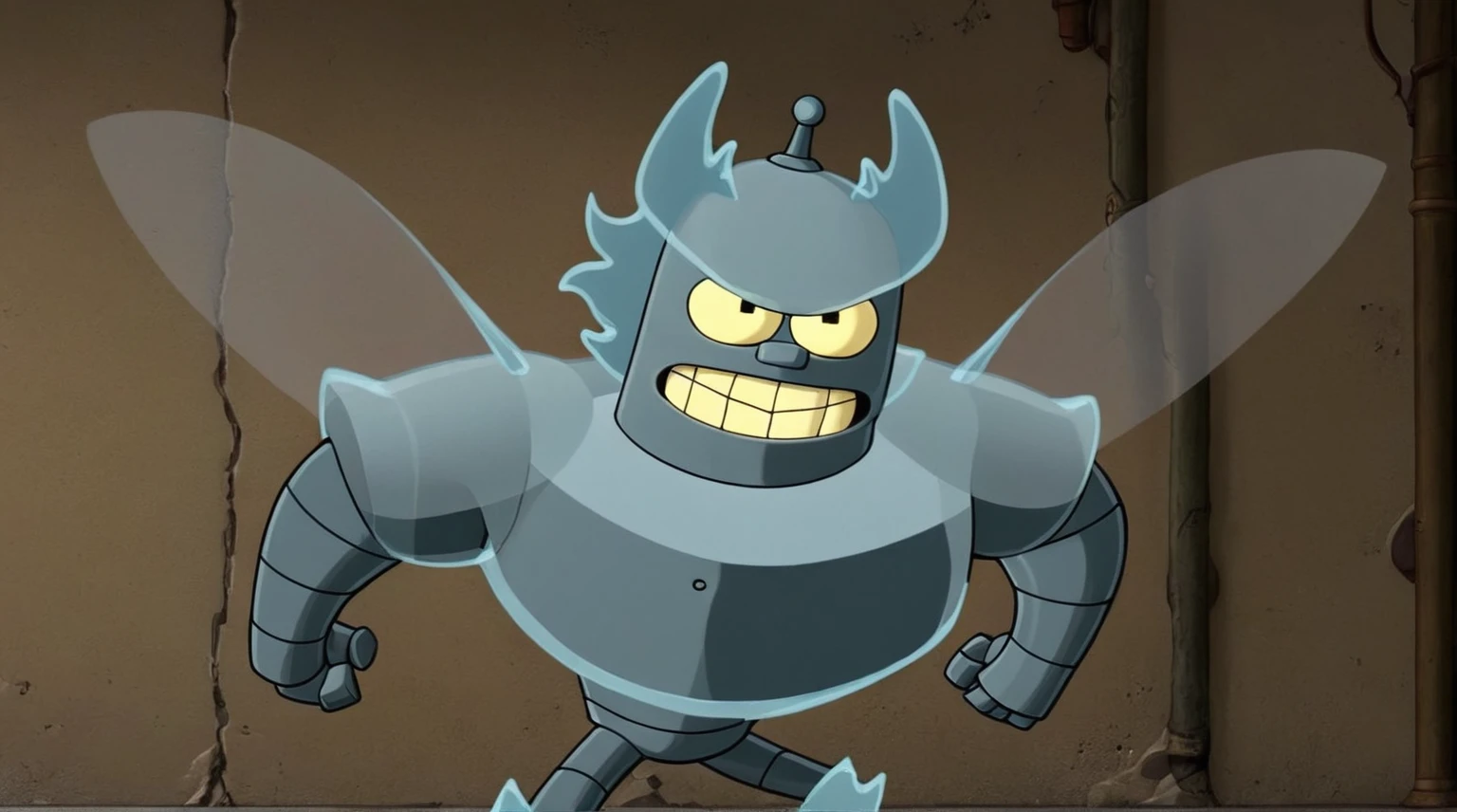 there is a cartoon character that is standing in front of a wall, bender, he's very menacing and evil, demonic! bender!, is evilbender, demon boy, evil devious male, menacing pose, hades supergiant, biggest large muscle, superhero from the boys tv show, demon hero, this character has cryokinesis