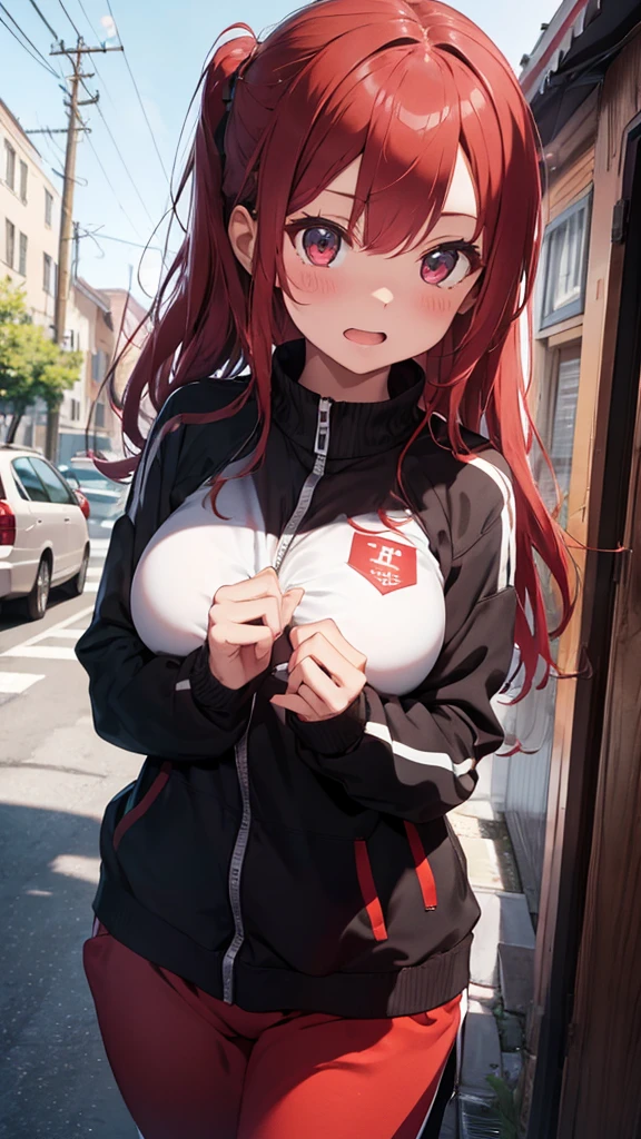 mastute piece,Best Quality,insanely detailed,8k cg,
shoot upper body,
1girl,standing,body in front,looking at viewer,(red track suit,buruma:1.3),
blush,shy,(trembling:1.2),pink hair,break,open mouth,large breast,outdoor sports field,