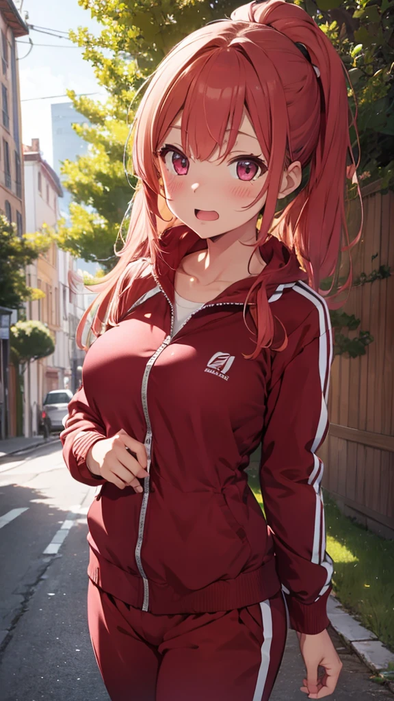 mastute piece,Best Quality,insanely detailed,8k cg,
shoot upper body,
1girl,standing,body in front,looking at viewer,(red track suit,buruma:1.3),
blush,shy,(trembling:1.2),pink hair,break,open mouth,large breast,outdoor sports field,