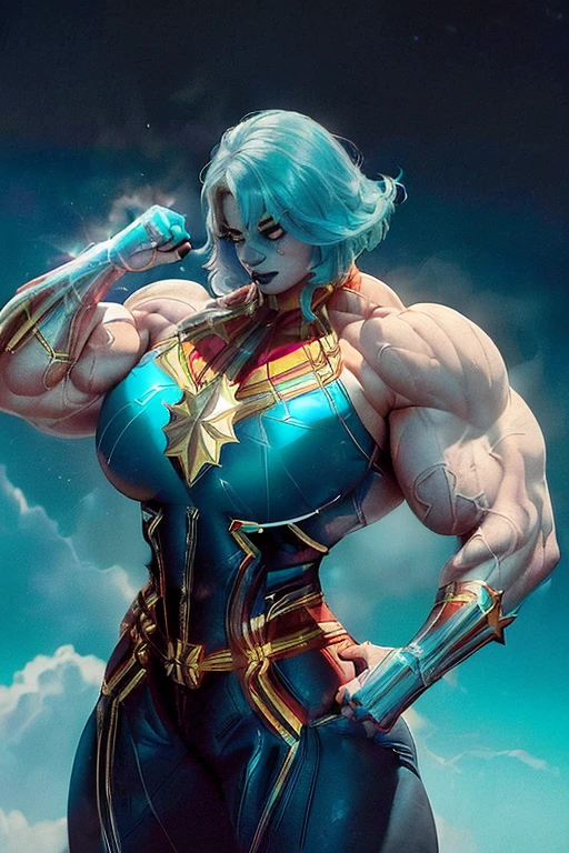((((Massive, tall, beautiful, buff, pale white skinned muscular woman with cyan hair, glowing eyes, slight makeup, ginormous bulky muscles, flying in space and wearing an all cyan Green lantern costume with a miniskirt)))), vascular body, ((massive muscle)), massive biceps, hyper muscle triceps, (short hair), purple eyes, thigh high hero boots, smirking, flying in space, mars at night, hyper muscles arms, hyper muscle legs, (ginormous arms).