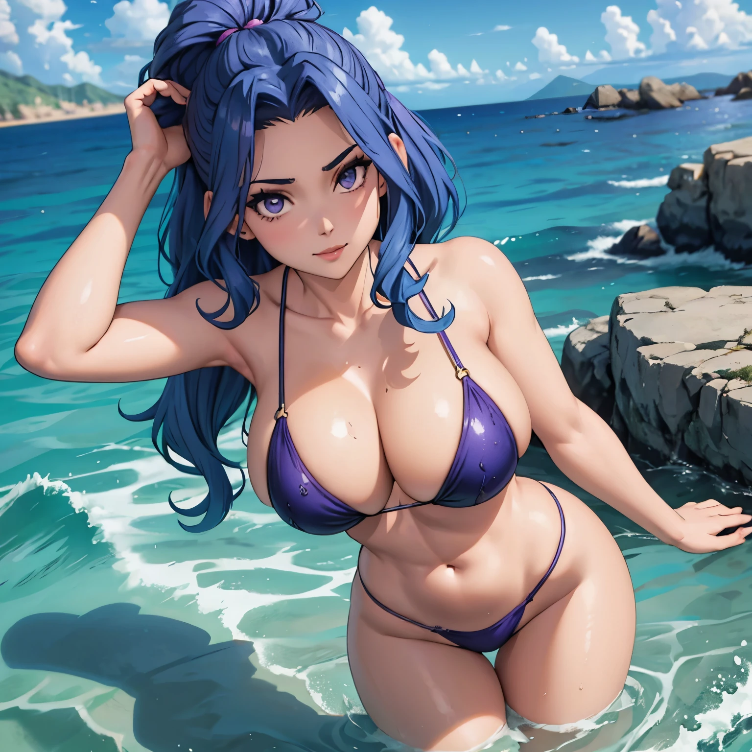 beautiful woman 22 years old light skin BLUE hair wavy updo, ojos violetas detallados brillantes pechos grandes bikini azul . sonrisa picara,  submerged in the ocean water drops on her body ocean bottom