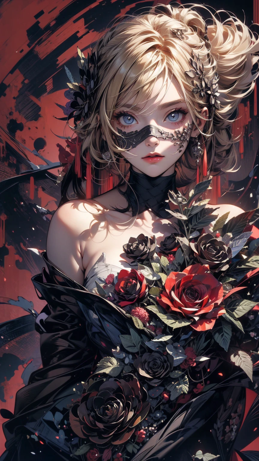 (masterpiece, High resolution, highest quality), Composition from head to thighs:1.3, Upper body focus, A 20-year-old woman wearing a large black cloth over her naked body.:1.3, Skull Face Mask, Blonde Hair, Disorganized, Black Rose Collage, abstract design, artistic juxtapositions, Black Background, mixed-media approach, Anime Style, simple lines, Digital Painting,