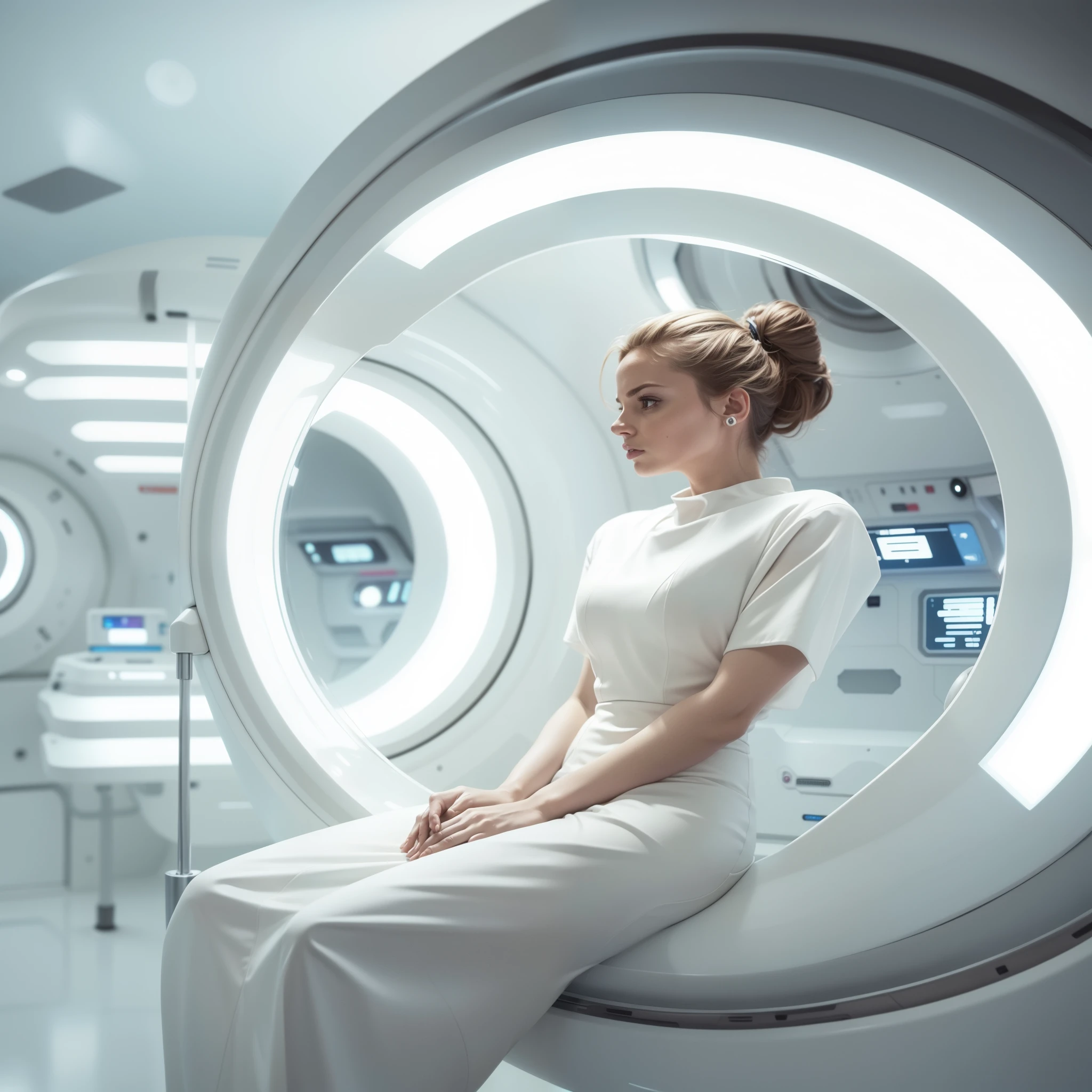 mulher sentada em uma sala branca com uma janela circular, sci - fi aesthetics, science fiction look, em uma nave espacial futurista, futuristic and ethereal, science fiction style, futuristic aesthetic, in futuristic laboratory room, Estilo futurista, astronauta futurista, on a spacestation, portrait of a science fiction woman, futuristic sci-fi, visual futurista, Powerful woman sitting in space