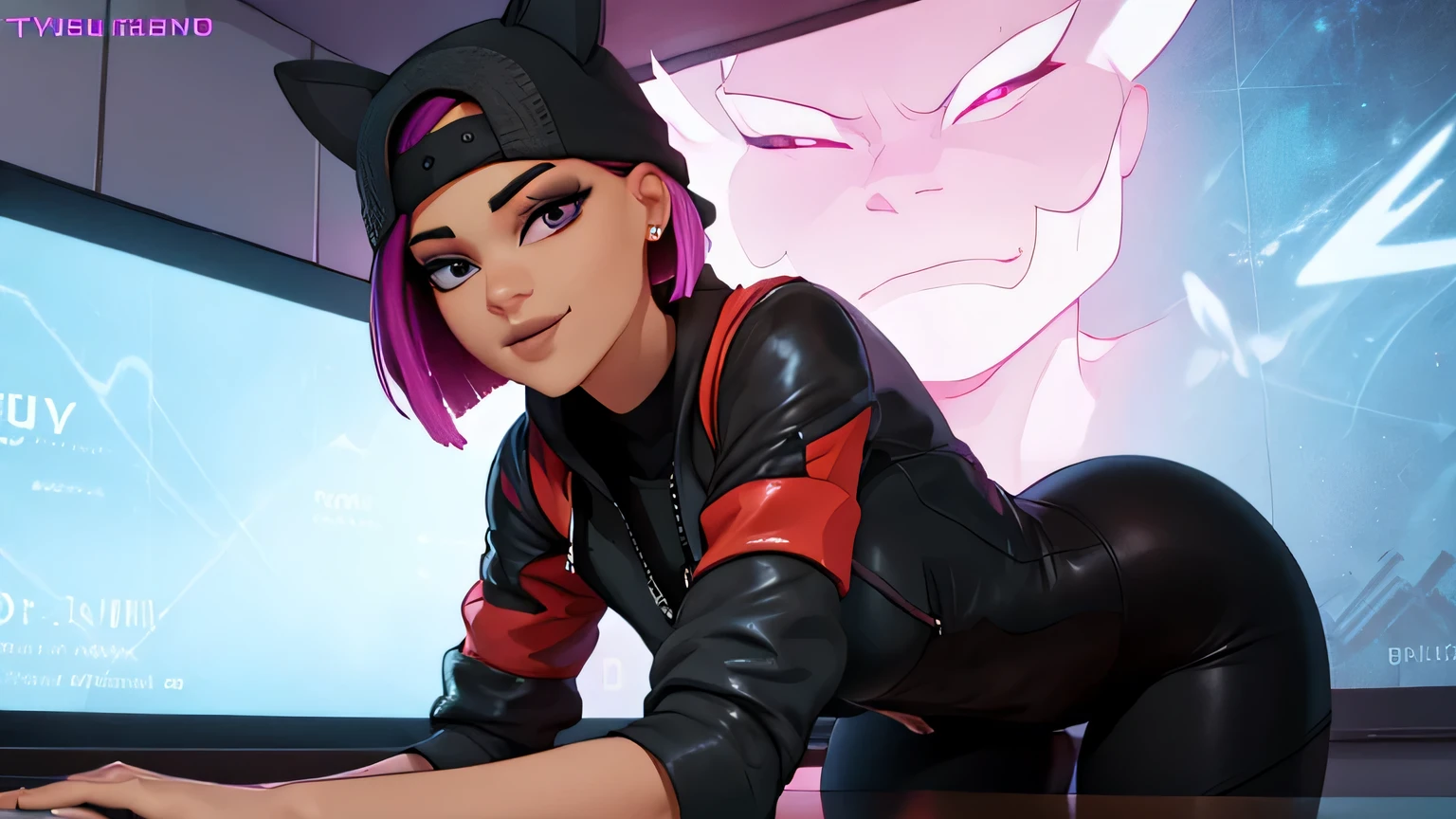 1 chica, (obra maestra), (Mejor calidad), de pie, (solo), mirando al espectador, alto detallado,Extremadamente detallado, Ojos finos, sonrisa,dynamic pose, pelo corto rosa,gorra,top corto, chaqueta,guante sin dedos,con curvas, leggins azul y negro, neon