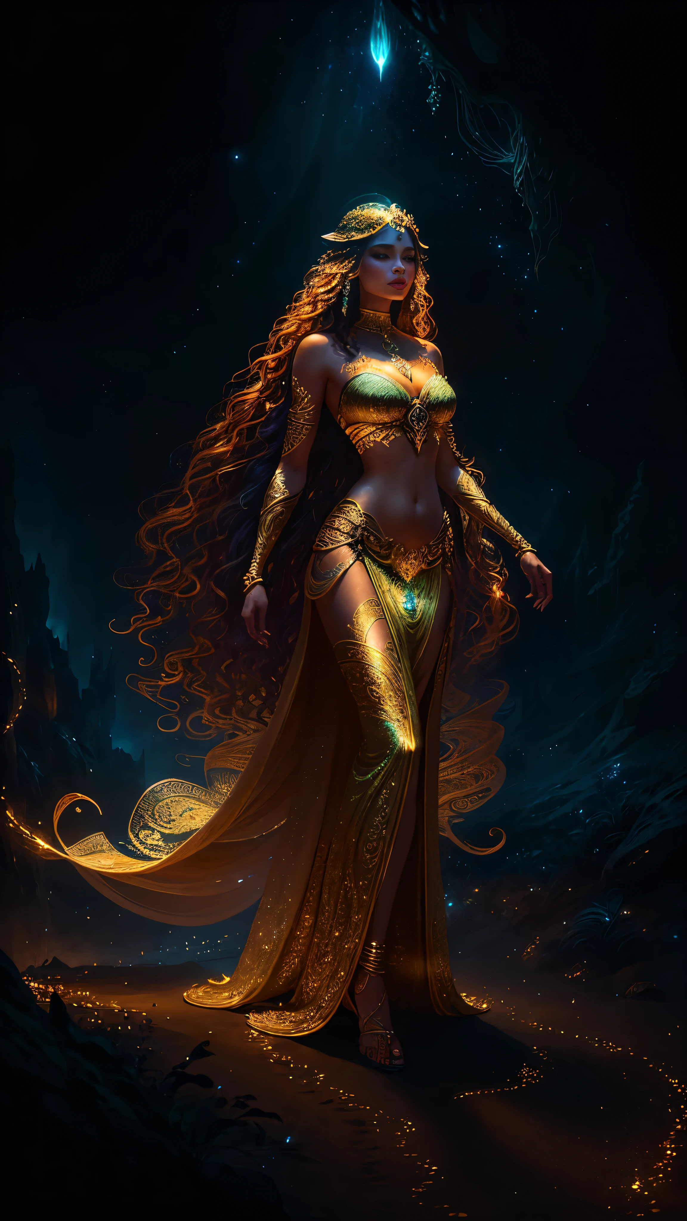 (A captivating cinematic ornamented female sand goddess, clad in a golden dress that shimmers and glows, intricate golden tattoo running down her spine, adding to her ethereal allure), (Galactic Shaman, bathed in the soft glow of a quantum energy fantasy landscape, long, wavy locks flowing behind, sharp focus on the intricately detailed, ethereal features, illuminated by the otherworldly light of the night scene), (fantasy magic, Intricate hair, dark, lightly shaded night landscape, sharply focused on