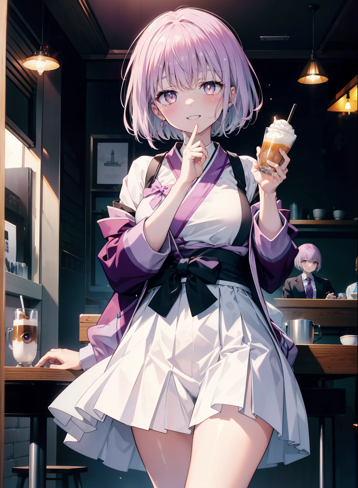 akaneshinjou, shinjou akane, Light purple hair, (Pink Eyes:1.2), short hair,Akabu Glasses,happy smile, smile, Open your mouth,blush,Idol-style white kimono,long furisode,White mini skirt,White tights,Sandals,tray, tray in one hand,A beautiful waitress with 長い髪 comes to the table to take our order,It&#39;s as if your whole body is in the illustration.,Maid Headless, break looking at viewer, (Cowboy Shot:1. 5) break indoors, coffee shop, break (masterpiece:1.2), highest quality, High resolution, unity 8k wallpaper, (shape:0.8), (Beautiful and beautiful eyes:1.6), Highly detailed face, Perfect lighting, Extremely detailed CG, (Perfect hands, Perfect Anatomy),