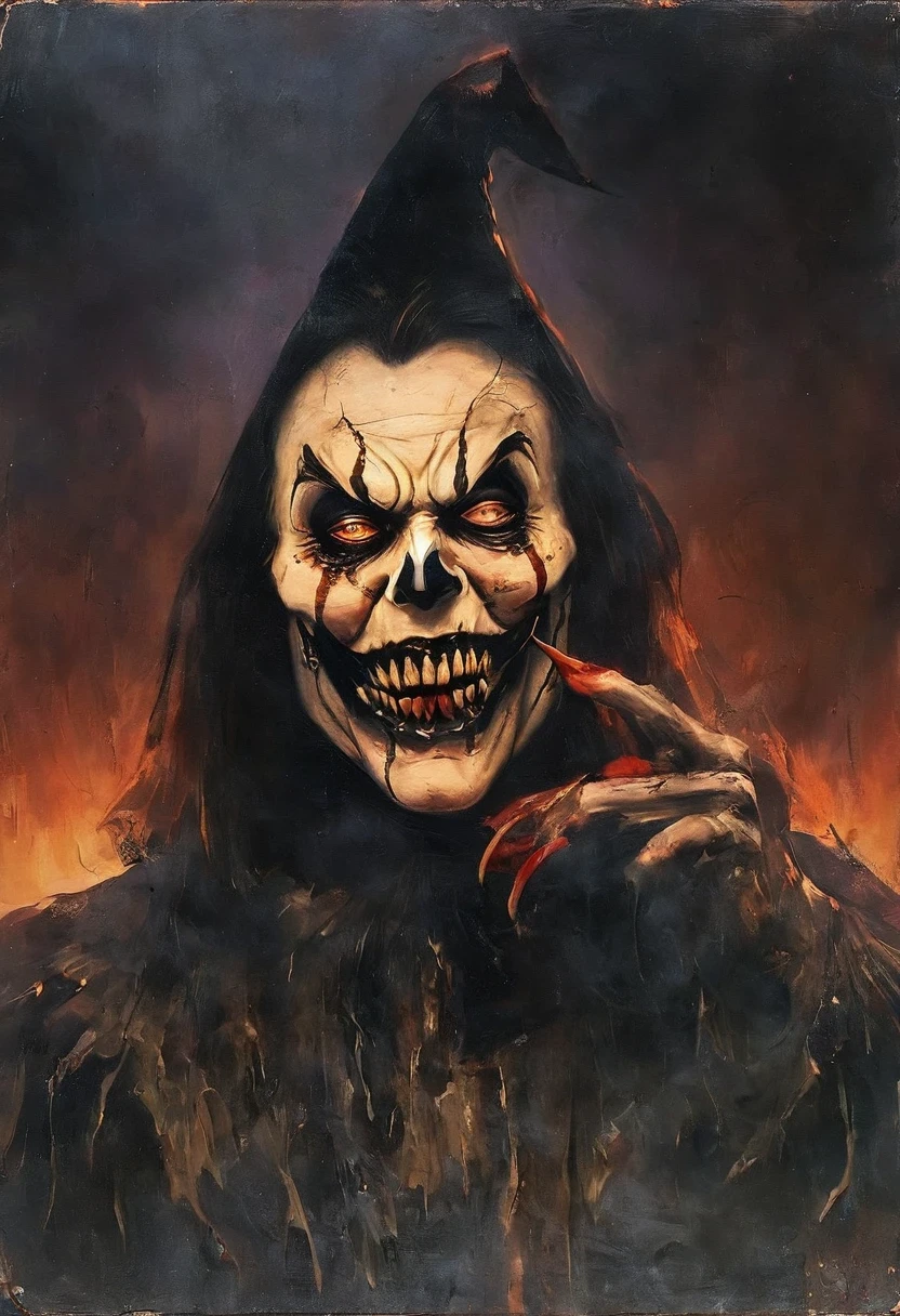 A creature taken from children's nightmares,horror,illustration,demonic,dark,sinister,youthful,surrealistic,monster,fantasy beings,sharp teeth,long claws,bloody mouth,slimy skin,glowing eyes,dark shadows,intense expression,self-luminous,lurking in the dark,nightmarish silhouettes,[cartoonish],sinisterly grinning clown,spooky atmosphere,terrifying presence,unsettling details,(best quality,4k,8k,highres,masterpiece:1.2),ultra-detailed,(realistic,photorealistic,photo-realistic:1.37),vivid colors,sinister lighting,nightmare-inducing composition