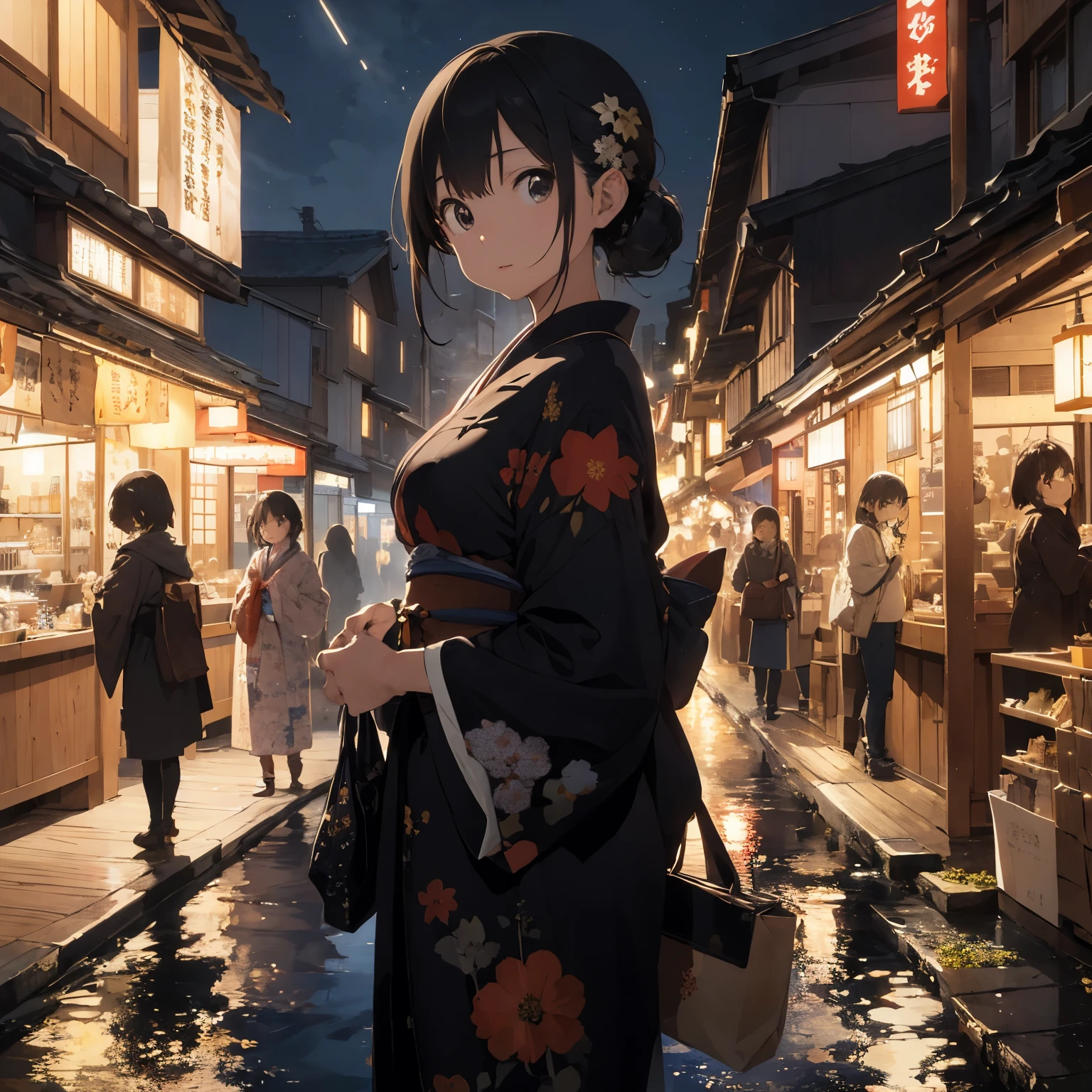 masterpiece、ultra-detailliert、intricate detailes、Realistic texture、Unevenness of the human body、realistic in every detail、top-quality、Surrealist works、1 Women traditional japanese clothing, are detailed and realistic, Japanese night market, firework, figure Children cycling、Beautiful contrast between light and shadow, ultra Wide camera,The shot image is very wide Wide