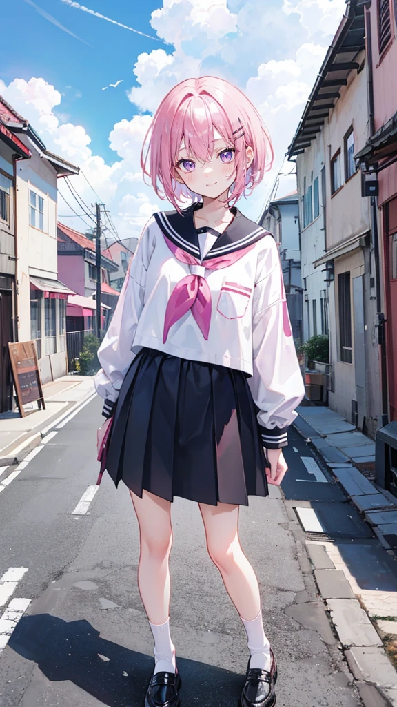 Transparent pink short hair,Wearing a milky ultra light pink uniform,Pale pink pupils,Super Cute Sweet Girl