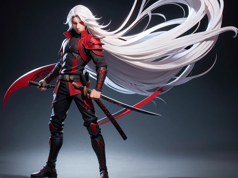 Boy with long white hair red eyes modern demon hunter with a katana in his hands full body