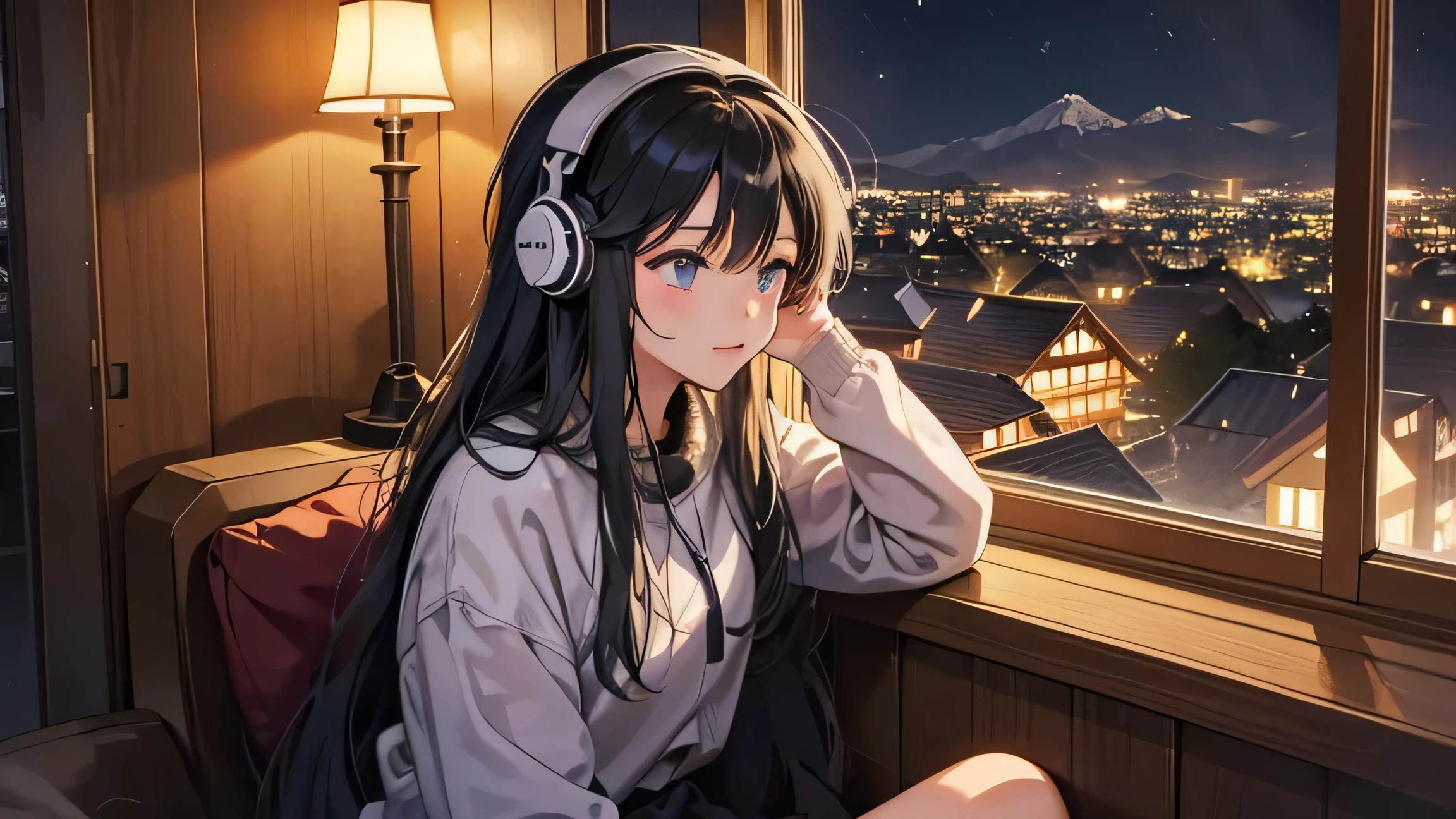 She has long hair. Images that match lofi music,Mountain hut in the middle of nature、A girl is drinking coffee by the window at night and listening to music on headphones。Quiet atmosphere。The room is lit by a fireplace and moonlight.。80's、City Pop、anime、A girl is listening to music on headphones with a cup of coffee by the window、The room is stylish、It's night outside、Tokyo night view、
