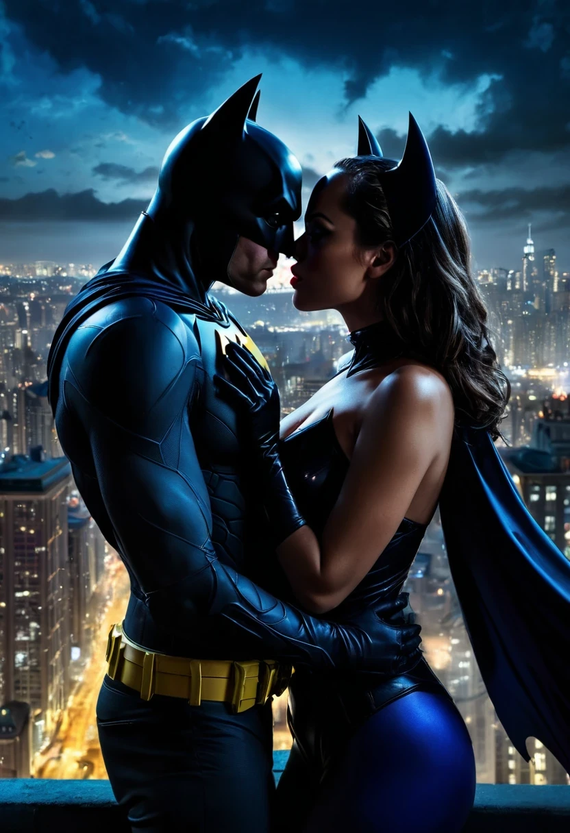 (best quality,highres:1.2),realistic Batman and Catwoman kissing,vivid colors,expressive love,urban night scene,bat signal projected on the clouds,mysterious silhouette of Gotham City in the background,romantic atmosphere,attentive eyes,deep passion,hint of danger,shadows and highlights emphasizing their connection,city lights reflecting on their faces,beautifully detailed lips,sparkling chemistry between them,dynamic composition,feeling of motion and intensity,impressive chiaroscuro lighting,emotional depth,steamy and passionate moment,iconic superhero couple,secretive rendezvous at rooftop,electric and magnetic attraction,memorable and impactful artwork.