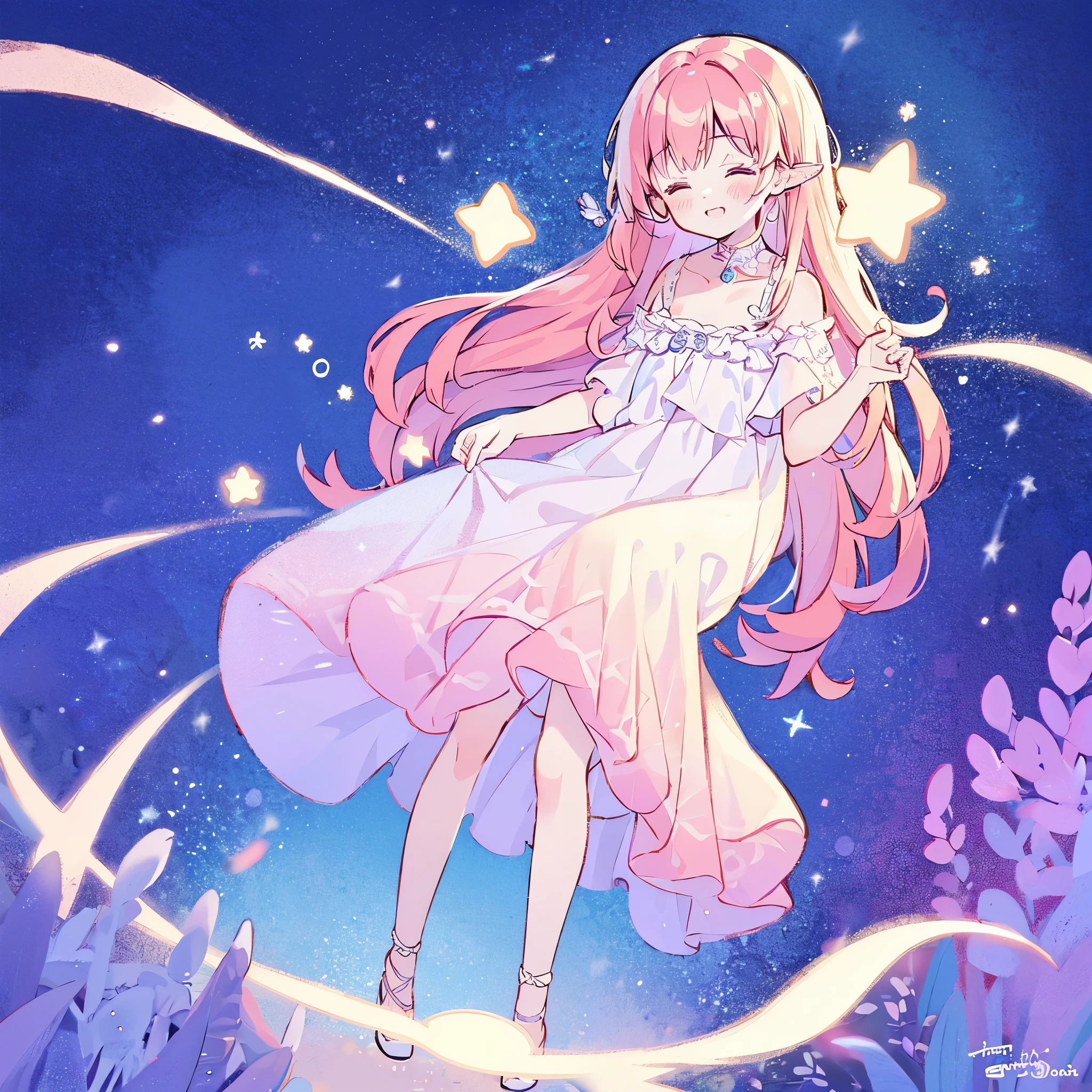 complex background, wishing star background, a woman wearing an ethereal mystical pink translucent dress that reflects the stars, perfume promo art, mystic, complex drawing, highly detailed, Covergirl brand, promo art, artistic rendition, ethereal, starry night, midjourney style