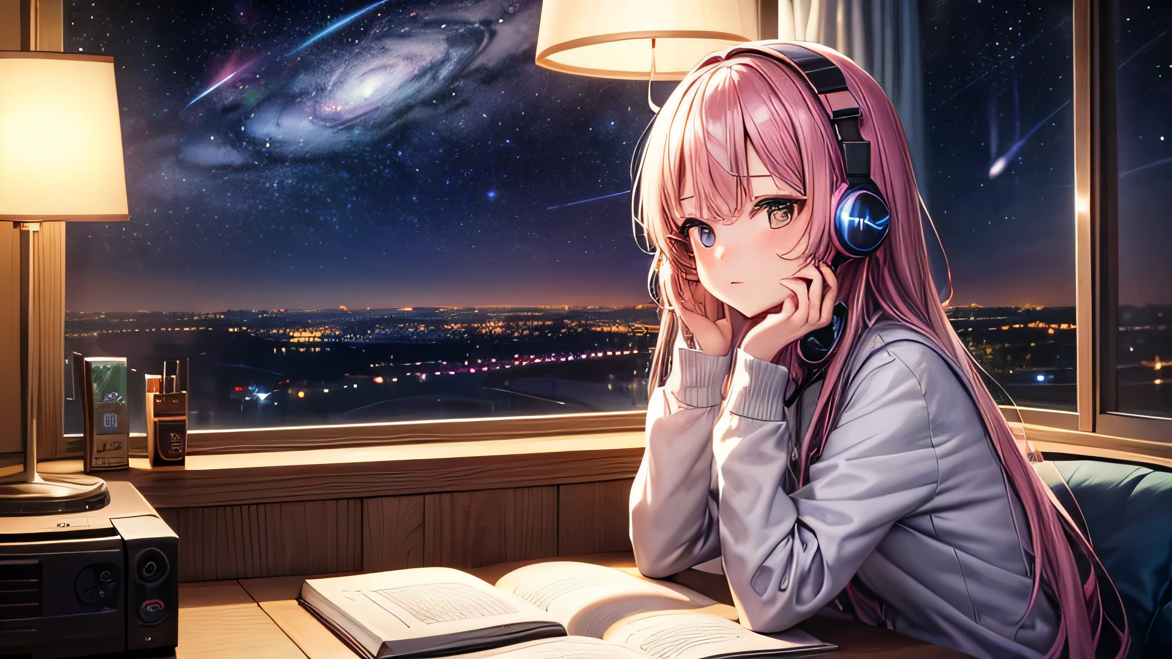 Anime girl studying in her room, long straight hair, wearing pink headphones, night, stars in the sky, planets, galaxy, magic sky, 80s, city pop, calm atmosphere, Japan anime, 15-year-old girl listening to HD, 8K --ar 16:9 Listening to music with headphones by the window