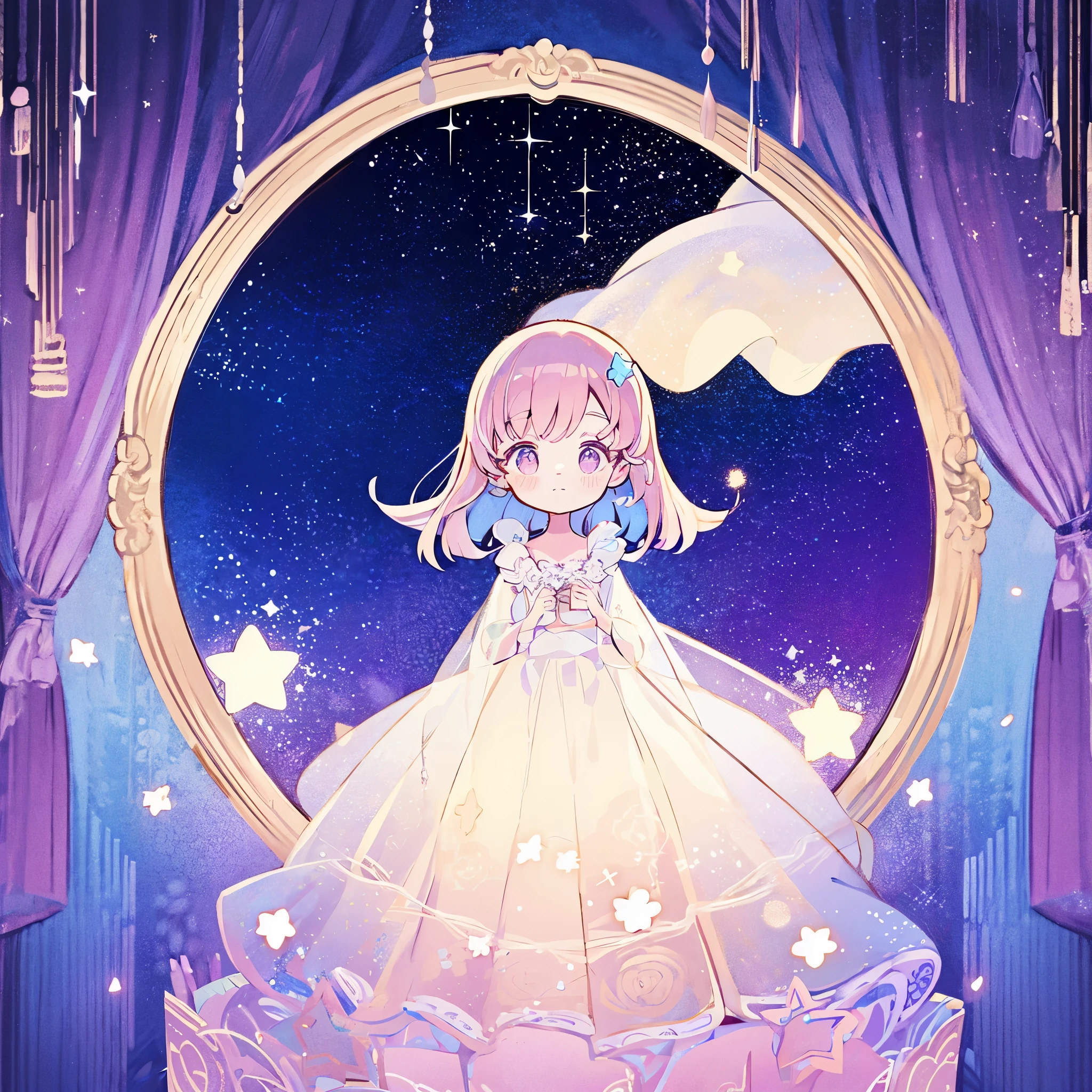 complex background, wishing star background, a woman wearing an ethereal mystical pink translucent dress that reflects the stars, perfume promo art, mystic, complex drawing, highly detailed, Covergirl brand, promo art, artistic rendition, ethereal, starry night, midjourney style