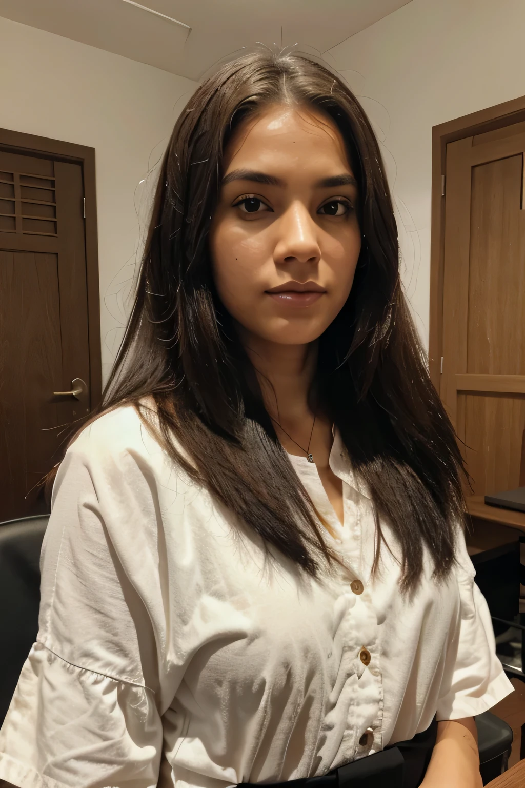 crie uma juiza de cabelos longos e ondulados, cor parda, meio indigena, em um tribunal.