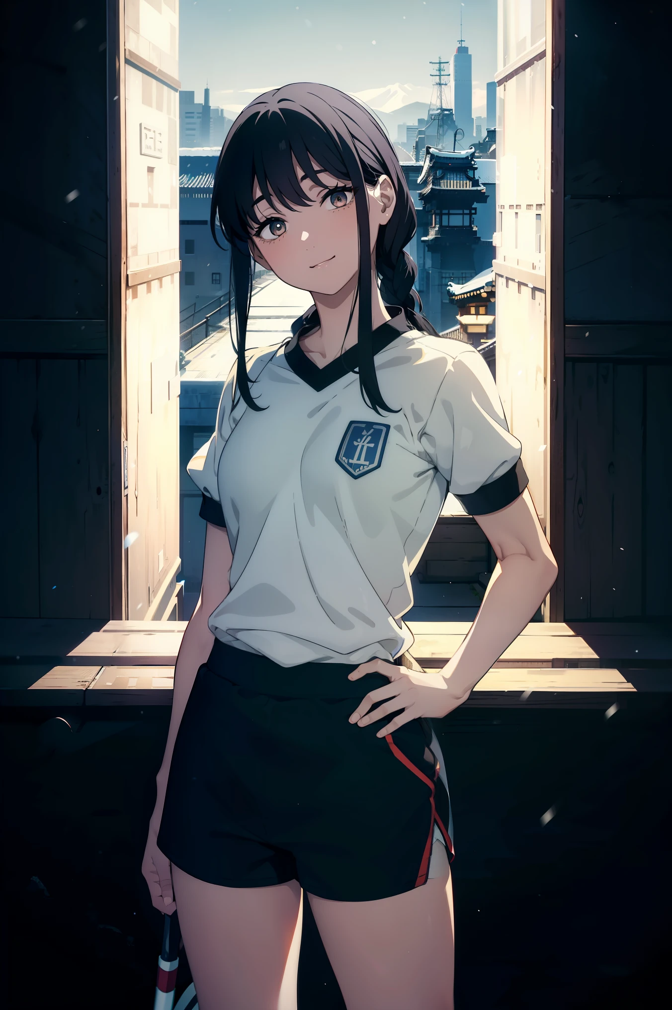 ((Obra maestra, La mejor calidad, ultrahigh resolution)), (((a girl in a Japanese gym uniform, blue Japanese ladies gym shorts, standing confidently, weilding a tennsis racket))), (((black hair, dark black hair))), long hair cut, pale skin, ((brown eyes)), glowing_eyes, neon eyes, (ultra detailed eyes:0.7, beautiful and detailed face, detailed eyes:0.9), ((centered)), ((cute smile, pretty)), facing viewer, eye level, ((vibrant background, snowy landscape, cityscape, snowing)), flat chested, looking at viewer, ((half closed eyes)), ((perfect hands)), (((head:1, arms, hips, elbows, in view))), ((hands behind back)), empty eyes, beautiful lighting, outside, outdoors, background, defined subject, 18 years old, (head tilt)