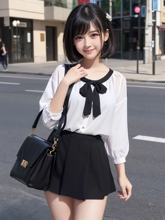 ((masterpiece)), ((best quality)), (ultra-detailed), ((kawaii)), cute, (lovely), realistic, real, full body, In town, daytime, a cute girl, 1girl, solo, camisole ,mini skirt, beautiful black hair, beautiful black eyes, ((beautiful eyes)), short hair, ribon, smile,crevage,I can see your chest,