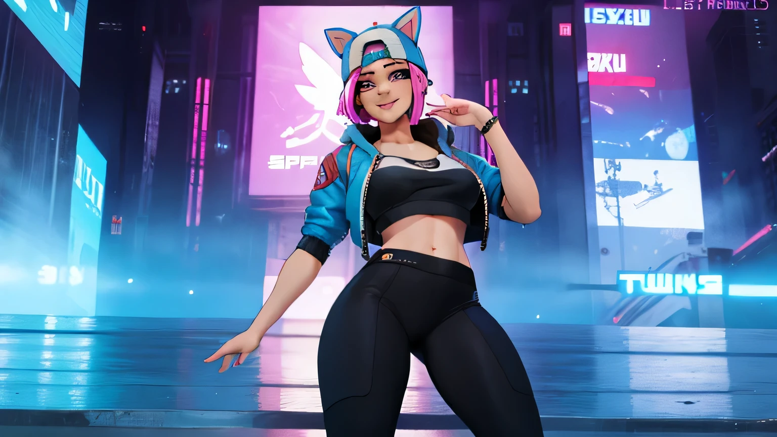 1 chica, (solo), mirando al espectador, alto detallado,Extremadamente detallado, Ojos finos, sonrisa,dynamic pose, pelo corto rosa,gorra,top corto, chaqueta,guante sin dedos,con curvas, leggins azul y negro, neon