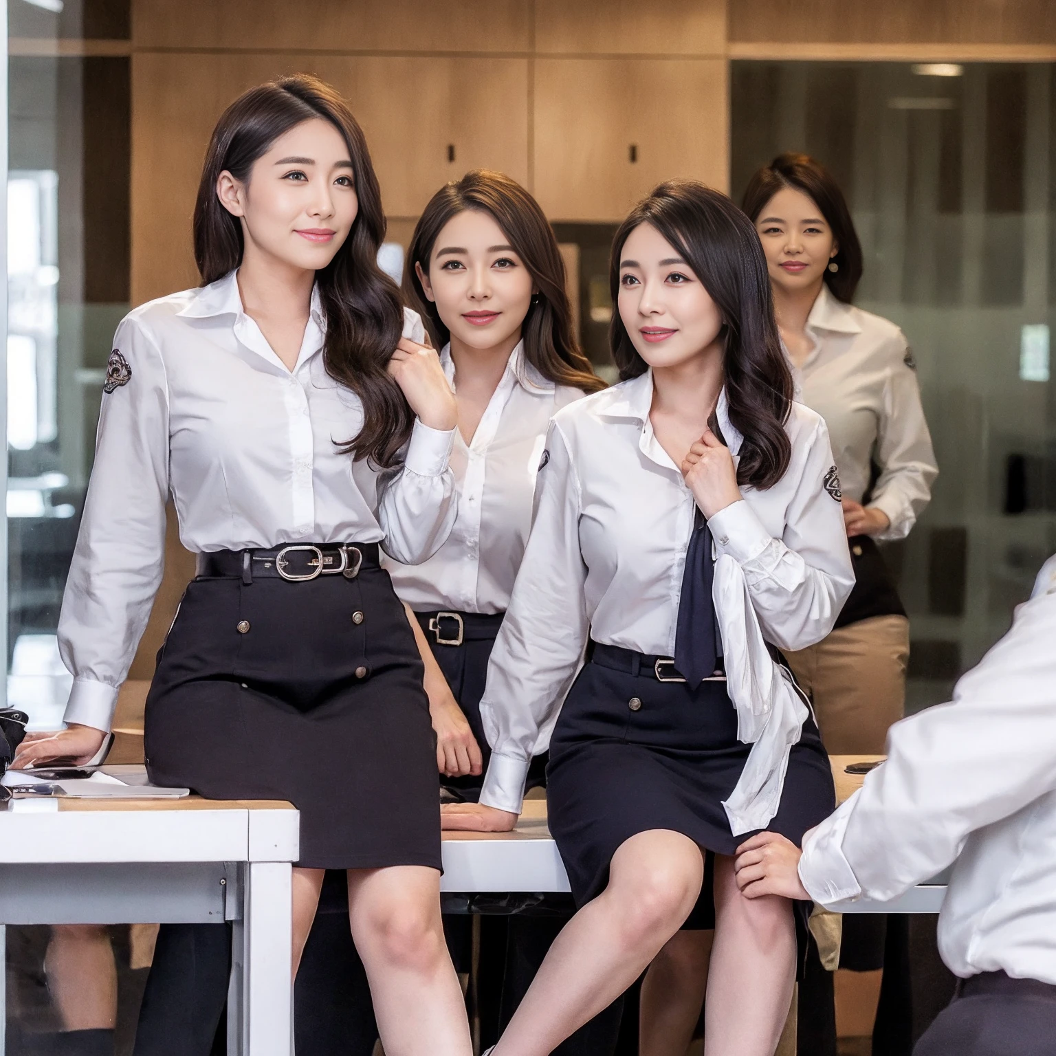 ((Best Quality, 8k, Masterpiecedetails, ultra-high resolution)), (group picture),(looking at the viewer), (full shot:), attractive business 5 milfs, 5 people, a bit chubby:0.25, seductive expression, white collared shirt, grey skirt, (sitting with cross legs on office desks)), smile, office of CEO