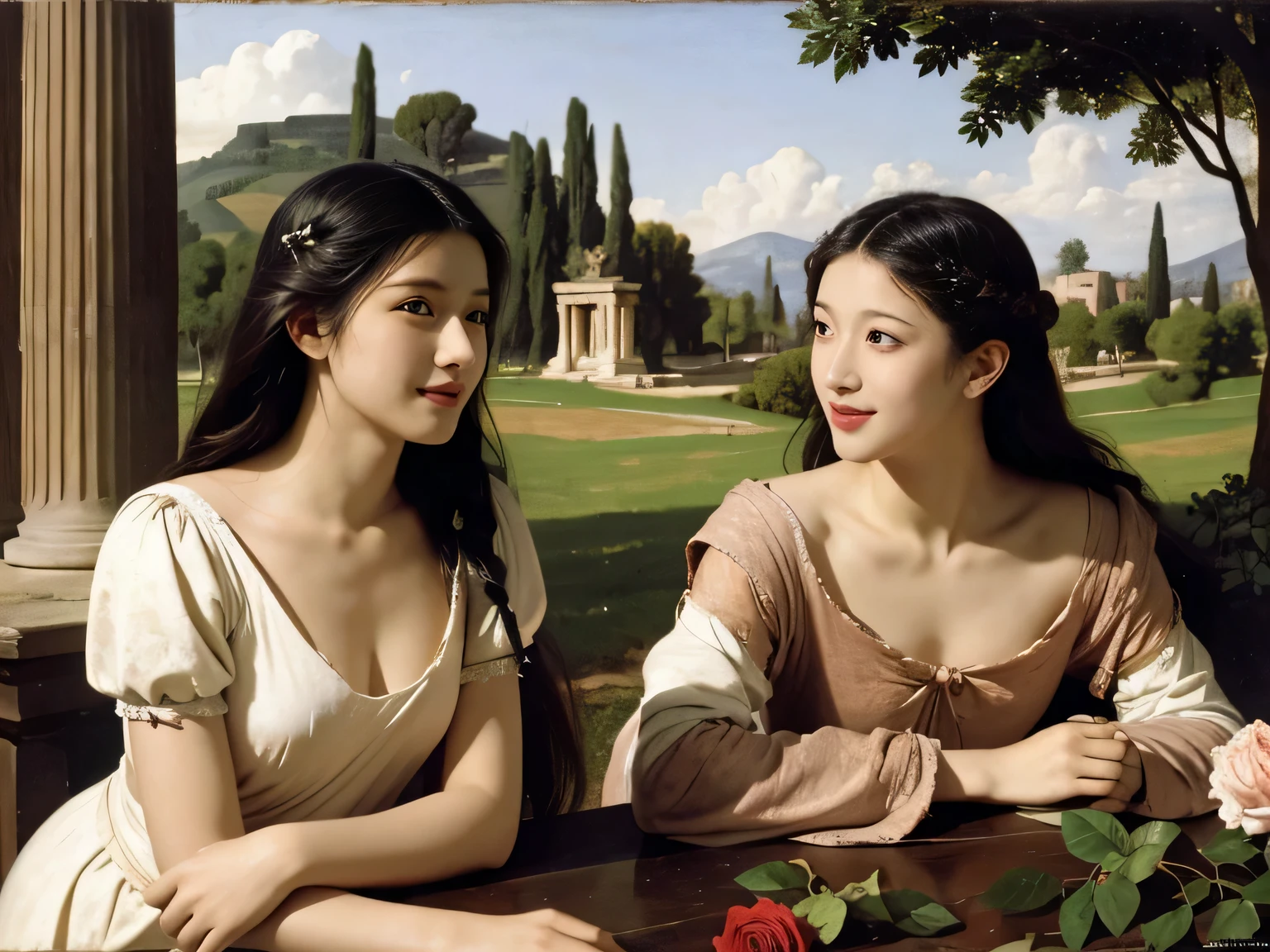 full body portrait or statue、Giorgione painting style,Arguments of two female Philosophe,math、astronomical machine、astronaut、roses in vase、fruits、Cute trinkets、smile、ancient greek costume、Ancient Roman landscape in the style of Nicolas Poussin,laughter,,Sweet and seductive appearance.、Caravaggio's paintings、Chiaroscuro of Caravaggio、hair tousled by the wind,Two women frolicking,cute smile, expression of ecstasy,Sexy,erotic
