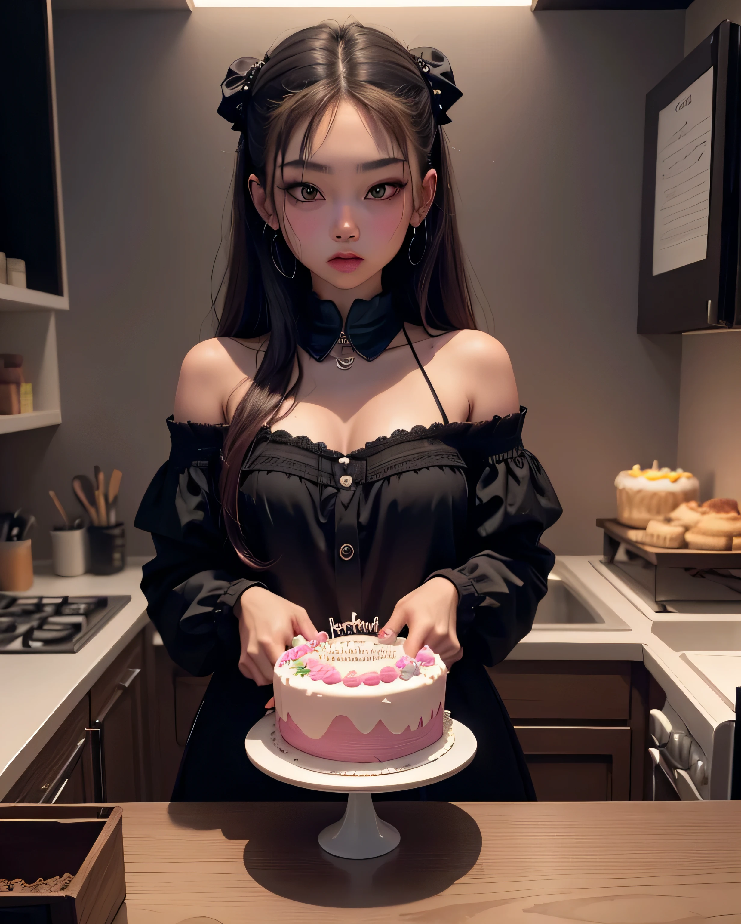 ((mejor calidad)), ((ambiente oscuro)), (detallado), cara perfecta de jennie de Blackpink sosteniendo un pastel hermoso en sus manos, tiene un pastel en las manos, sexy, ropa escotada, ropa con encaje, fondo oscuro, ((holds a birthday cake)) the house is at night, las luces apagadas, luces apagadas, the room is dark, jennie de Blackpink
