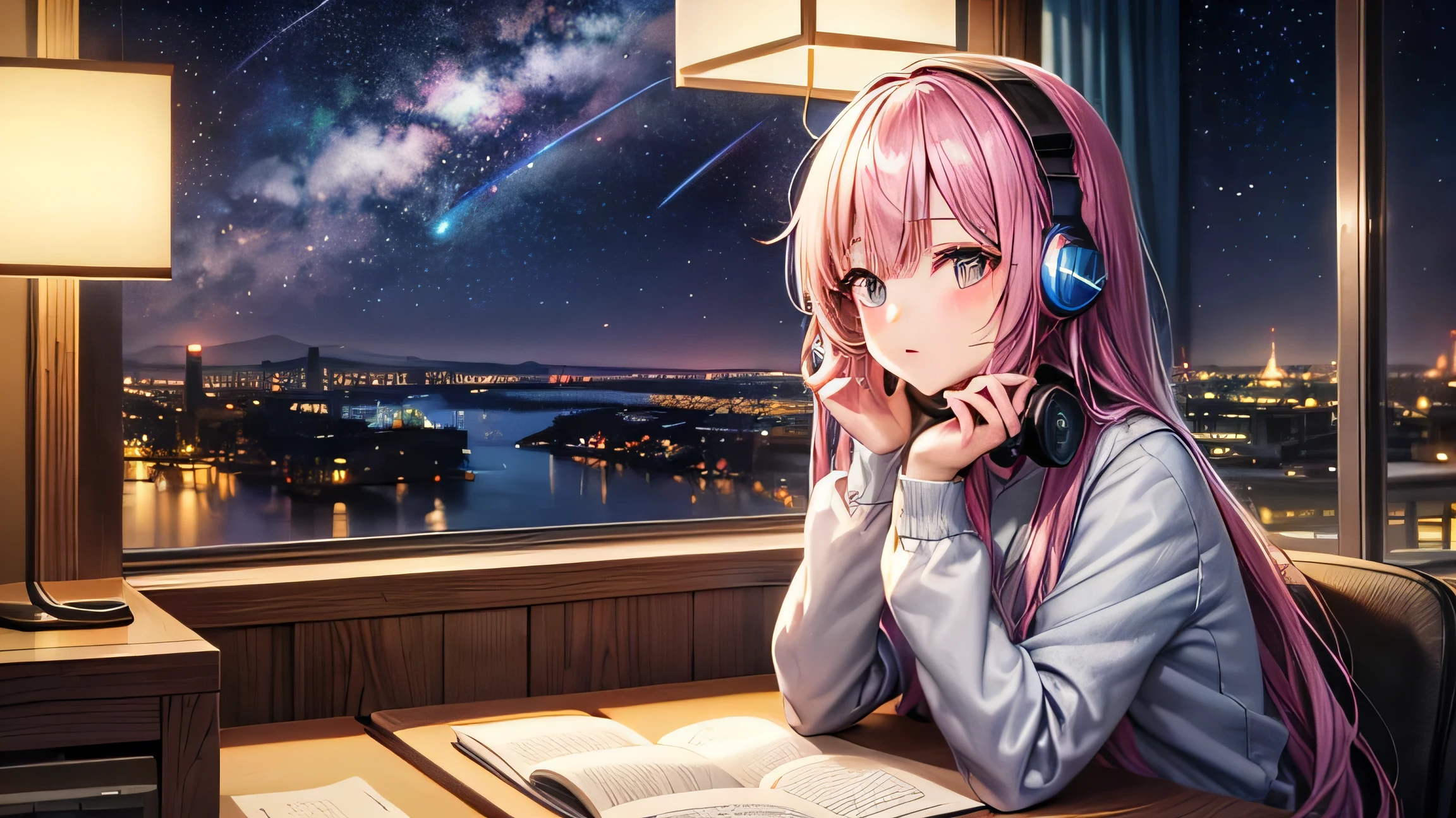 Anime girl studying in her room, long straight hair, wearing pink headphones, night, stars in the sky, planets, galaxy, magic sky, 80s, city pop, calm atmosphere, Japan anime, -yeld gilistening to HD, 8K --ar 16:9 Listening to music with headphones by the window