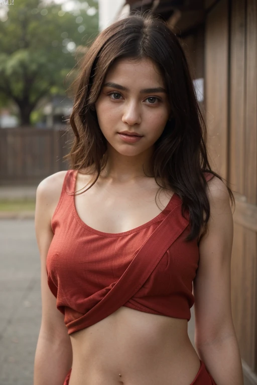 (((masterpiece))),(((High resolution)))、(((8K)))、(((perfect face)))、(((beauty of japan)))、23 years old、(((beautiful face))), (((tanktop))), sari, embarrassed look, look at the camera, top quality eyes, detailed texture, look at the camera, standing, plump, big, (Wearing a red sari to cover her body)