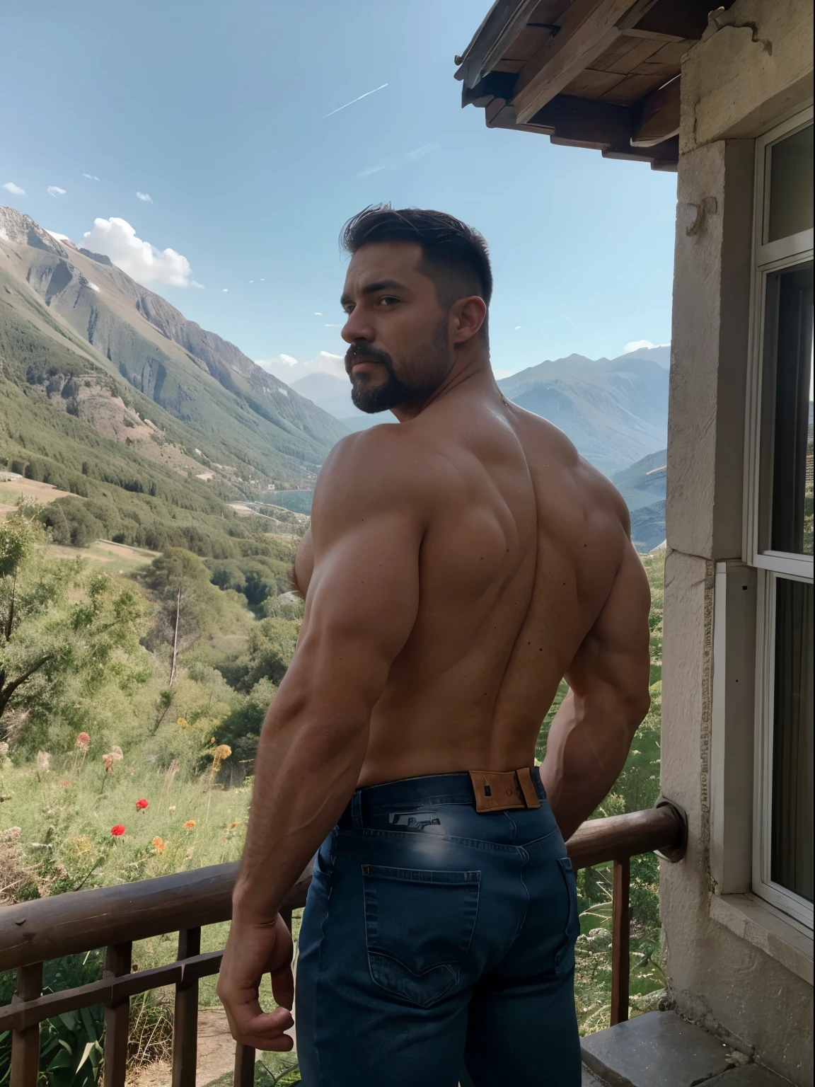 man in lumberjack suit, muscular, bigote, enfoque masculino, muscular body, Big Bubble butt, shirtless, piel bronceada, 38-year old man, manos definidas, muscular, fuerte, peludo, Masculino, In the background a mountain, en una ciudad, amazing composition, HDR, volumetric lighting, Macho. full body blue white jeans total backside butt