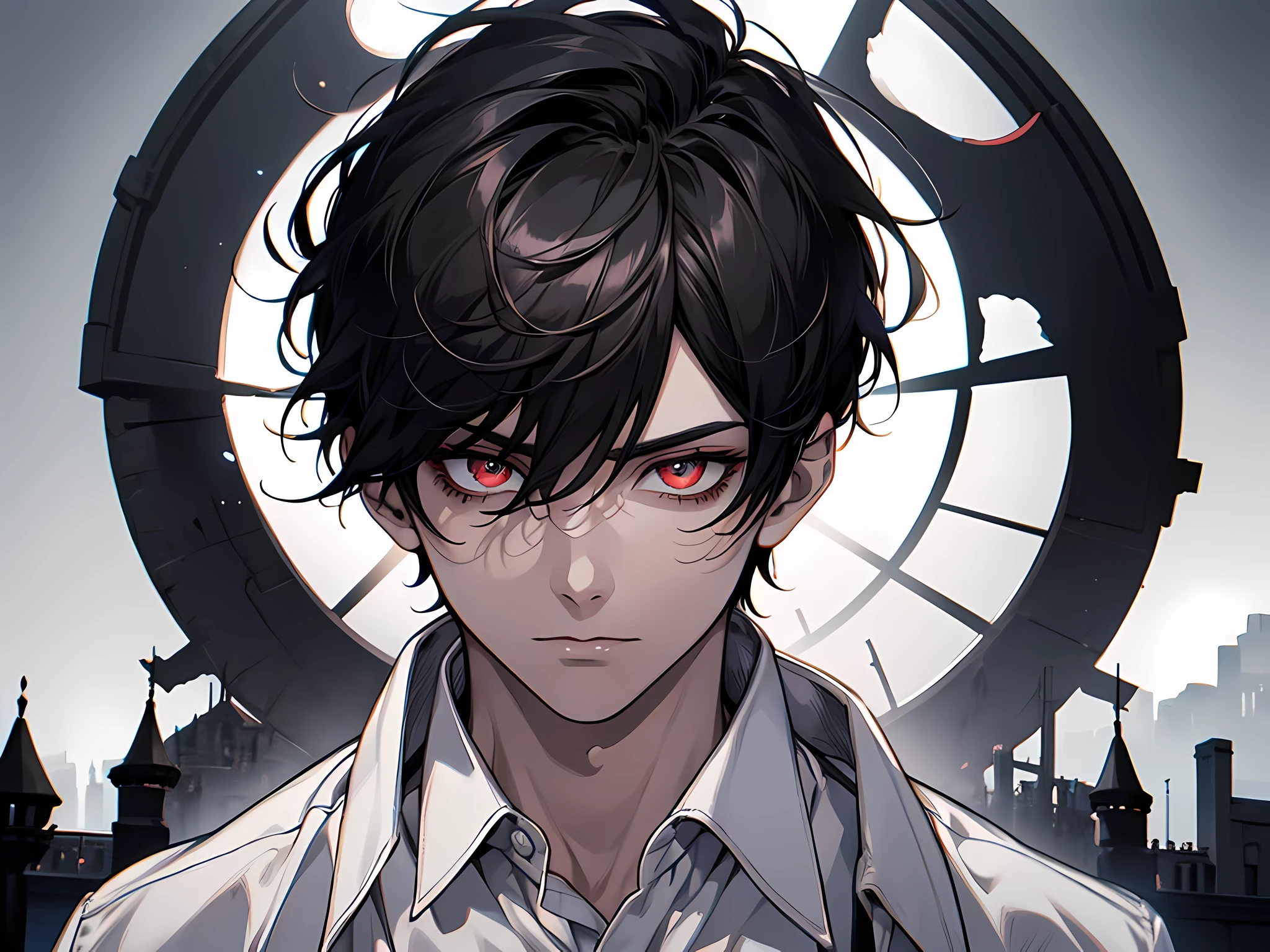 masterpiece, 1boy, black hair, short hair, red eyes, Glowing eyes, white shirt, Upper body, portrait, Gloomy Castle, detailed eyes, extremely detailed eyes