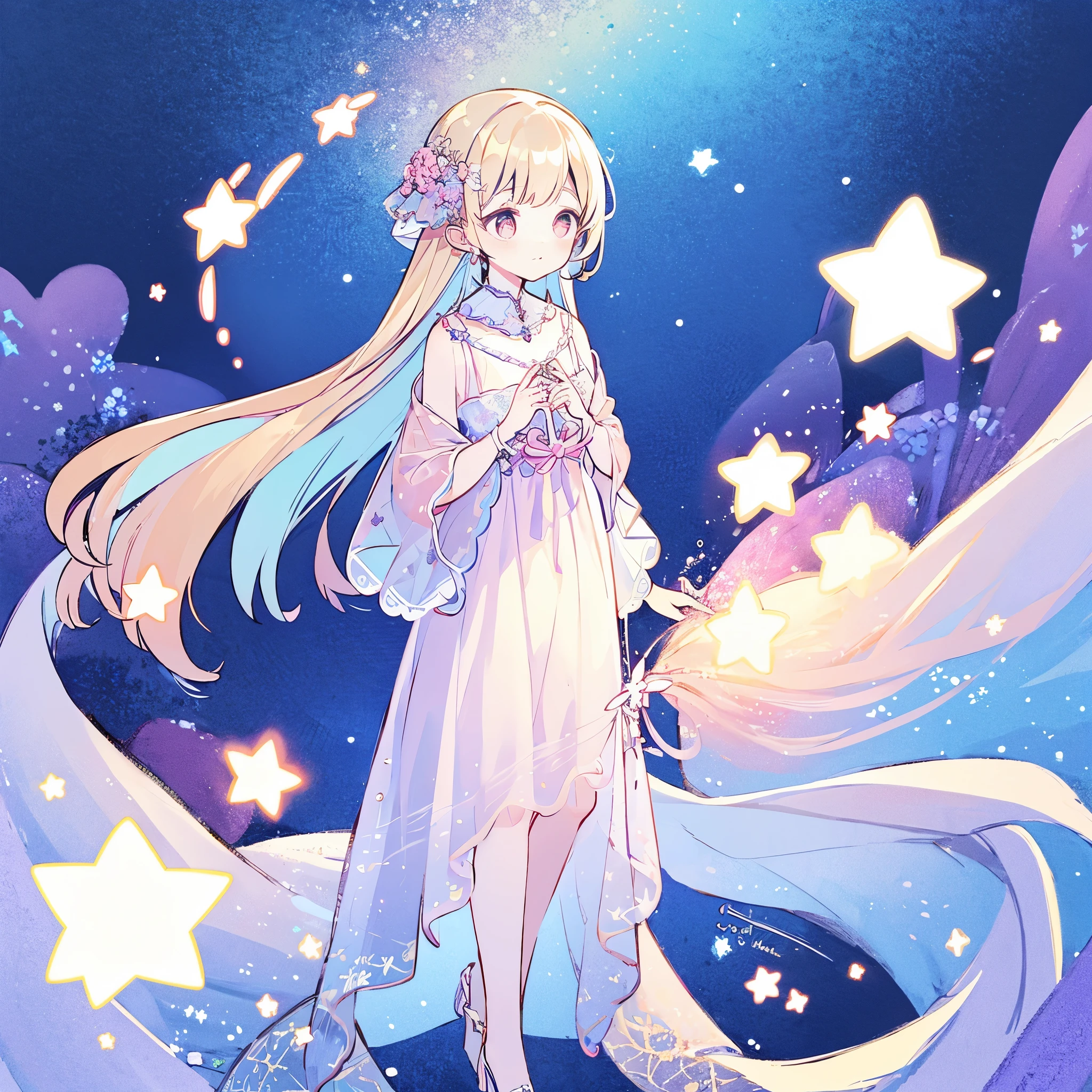 complex background, wishing star background, a woman wearing an ethereal mystical pink translucent dress that reflects the stars, perfume promo art, mystic, complex drawing, highly detailed, Covergirl brand, promo art, artistic rendition, ethereal, starry night, midjourney style
