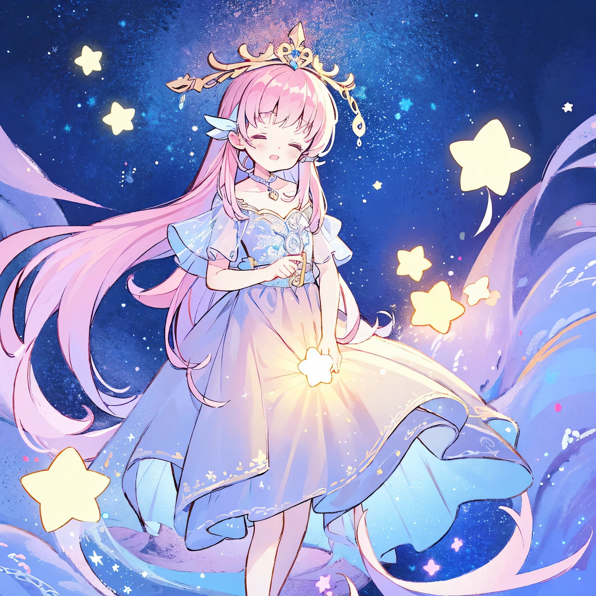 complex background, wishing star background, a woman wearing an ethereal mystical pink translucent dress that reflects the stars, perfume promo art, mystic, complex drawing, highly detailed, Covergirl brand, promo art, artistic rendition, ethereal, starry night, midjourney style