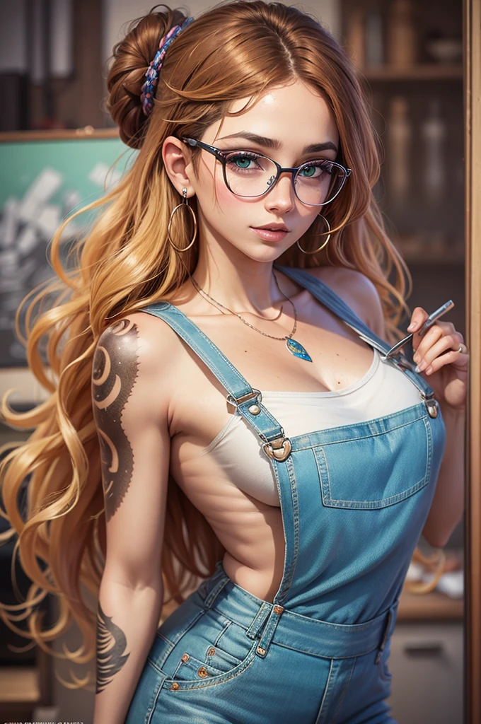 Gorgeous artsy woman in overalls beautiful long flowing thick natural hair, holding paint brushes properly and an a palette for painting, jewelry, tattoos, indie punk aesthetic, beautiful athletic body, hips, lovely lively expressive eyes, painting in an art studio in autumn, lovely colorful lighting, Cheery atmosphere, flirty, freckles, gorgeous Latina face, very tan skin, incredible detail to texture, in love, green eyes, lots of color, photorealistic, masterpiece, absolute babe,
Colorful outfit, patterns, glasses