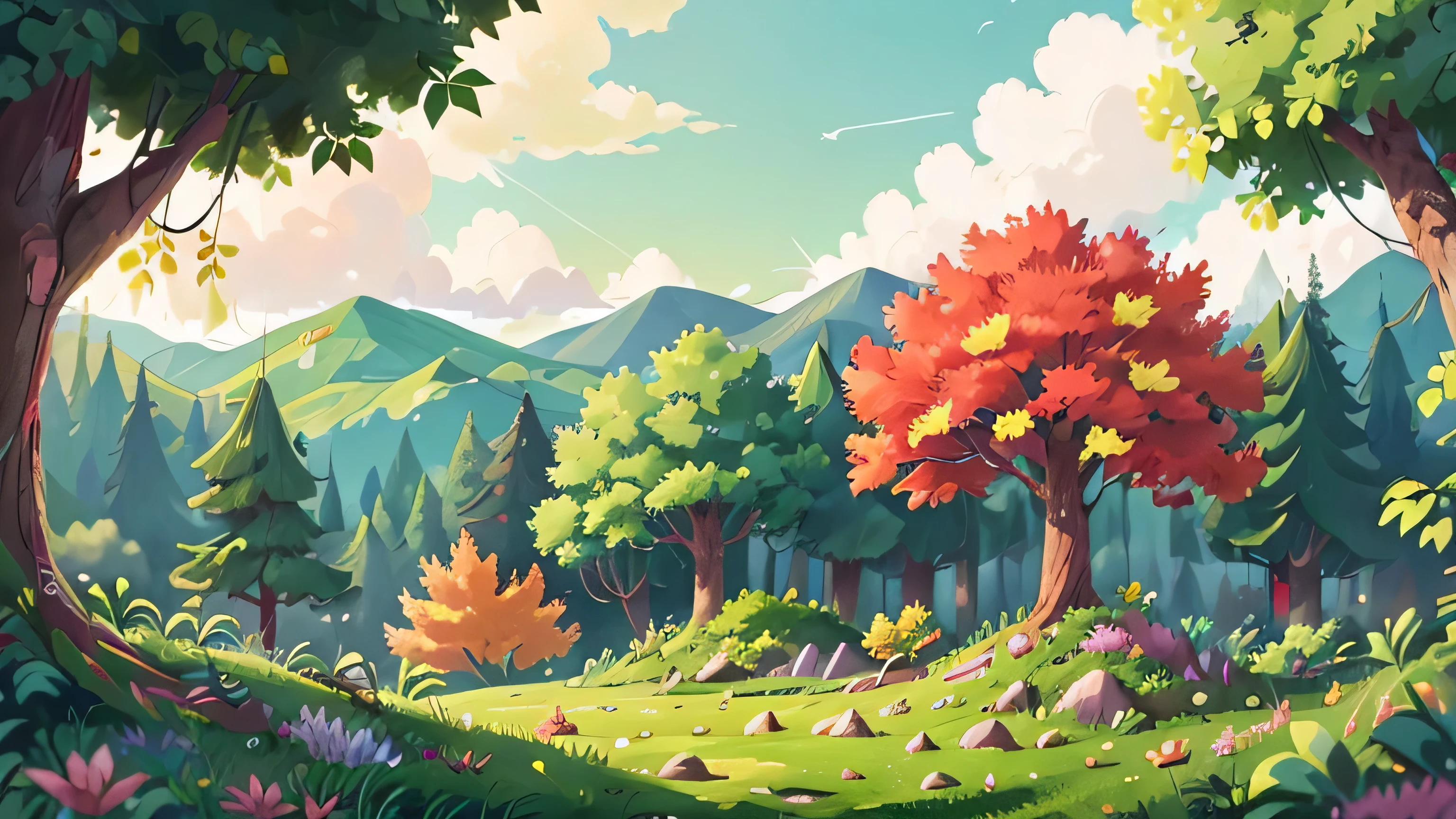 The forest has trees with green, yellow, and red leaves. In the background, there are beautiful green mountains. The sky is blue mixed with pink hues, with a few beautiful little flowers.