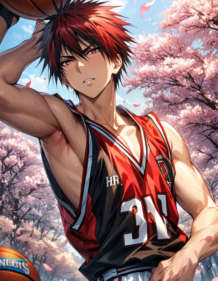 absurdres, highres, ultra detailed, HDR, masterpiece, extremely detailed face and eyes, Kagami Taiga, red short hair, expressive red eyes, Kuroko No Basket, solo, sexy man, handsome, basketball uniform, spring, blossoms, petals, birds