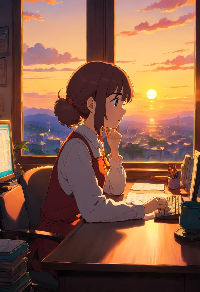 Girl at desk,Side angle,evening,Sunset from the window