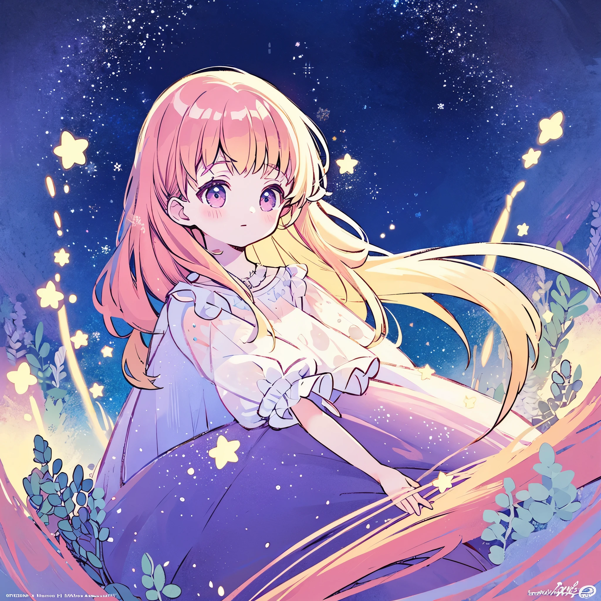 complex background, wishing star background, a woman wearing an ethereal mystical pink translucent dress that reflects the stars, perfume promo art, mystic, complex drawing, highly detailed, Covergirl brand, promo art, artistic rendition, ethereal, starry night, midjourney style