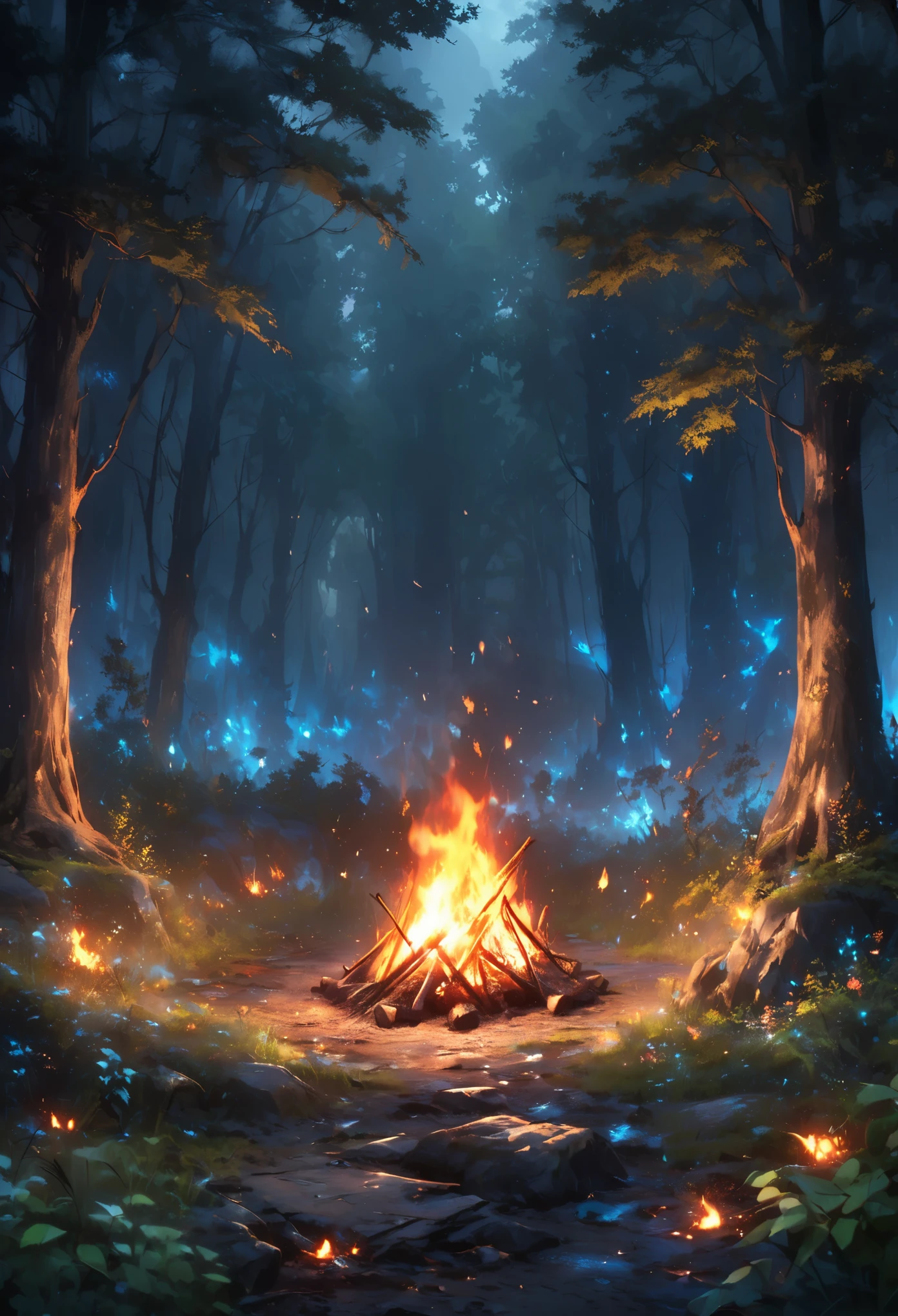 Campfire in the middle of dark forest