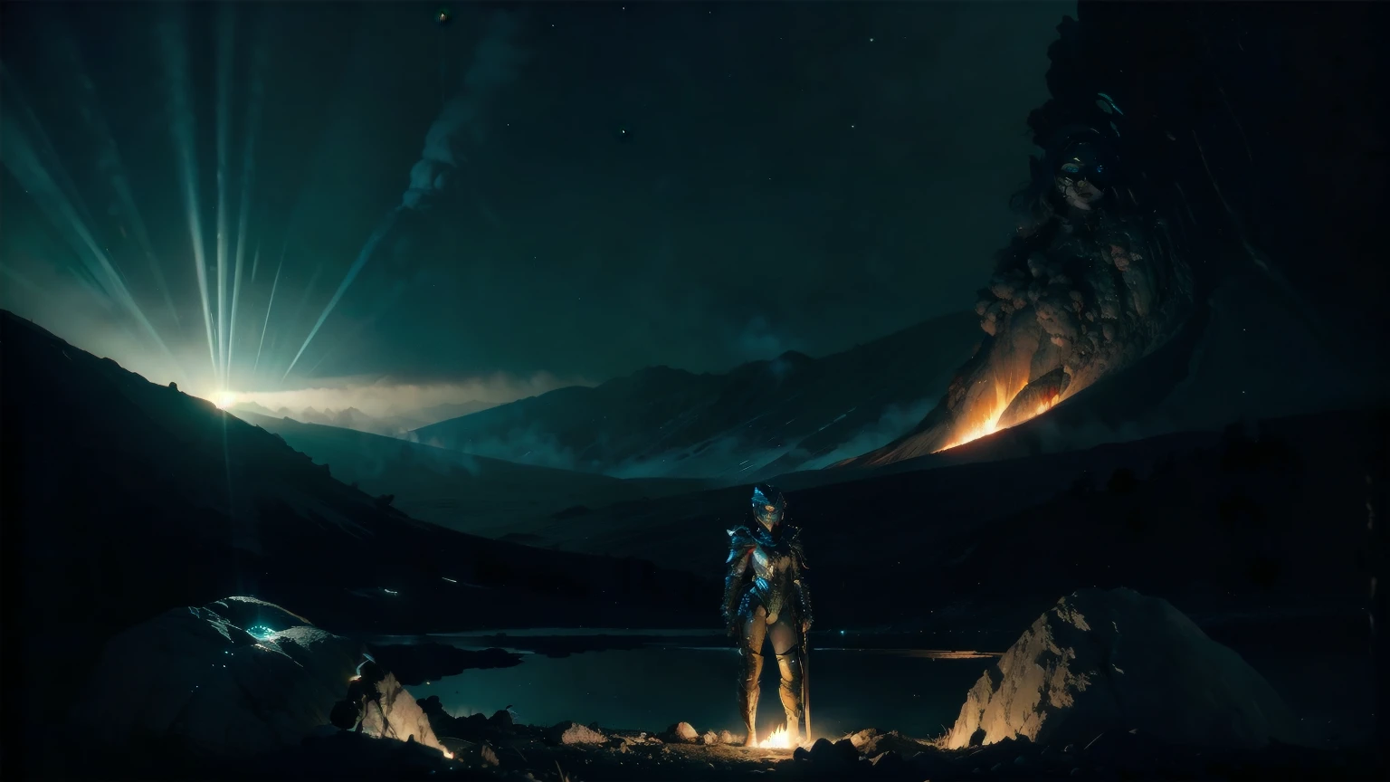 A girl in silver armor stands near a dark volcanic lake emitting sulfur gases. The lake is surrounded by a mysterious, ethereal atmosphere. The girl's armor shines brightly in the dim light, reflecting the colors of the surrounding landscape. Her armor is intricately detailed, with fine engravings and delicate patterns. Her eyes glimmer with determination as she gazes into the distance. The scene has a realistic and cinematic feel, as if captured from a 90's found footage VHS tape. The colors are slightly muted and dark, giving the image a nostalgic and atmospheric quality. The lighting casts eerie shadows, enhancing the ominous vibe of the volcanic setting. This prompt is a masterpiece, emphasizing the highest quality and attention to detail.