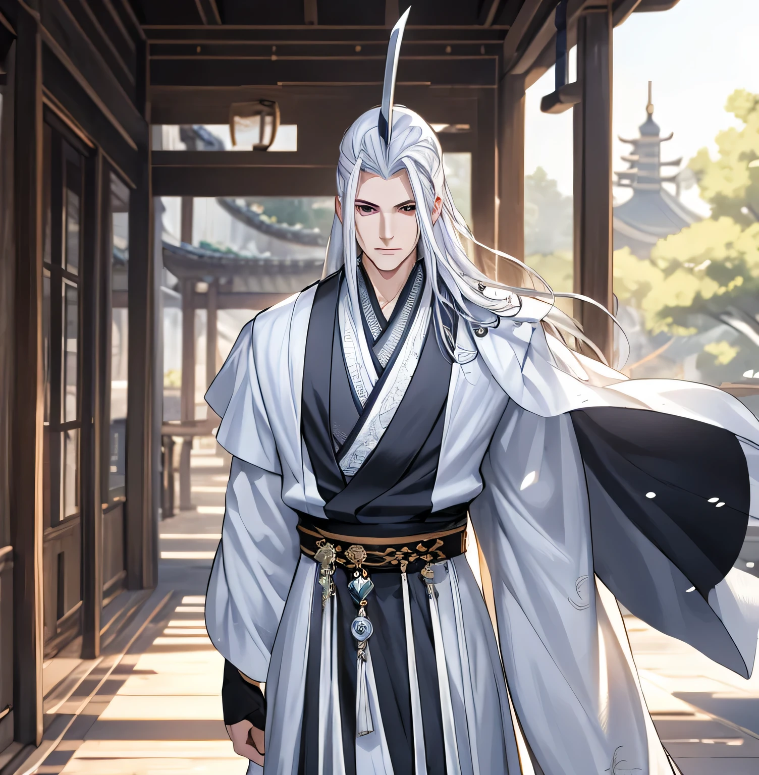 Summer Palace，48-year-old middle-aged male，White hair，Dissemination，Male focus，（The only person,Upper part of the body，：1.2），Headdress，Chinese courtyard，Black Hanfu robe，Weapons in hand，Holding a sword，cast a spell，An elegant and luxurious beautiful man，prince，that tree，Blue，lake，railing，Adonis，best quality，Concept Art，Hand-drawn 2D style，Dramatic expression，combat status，