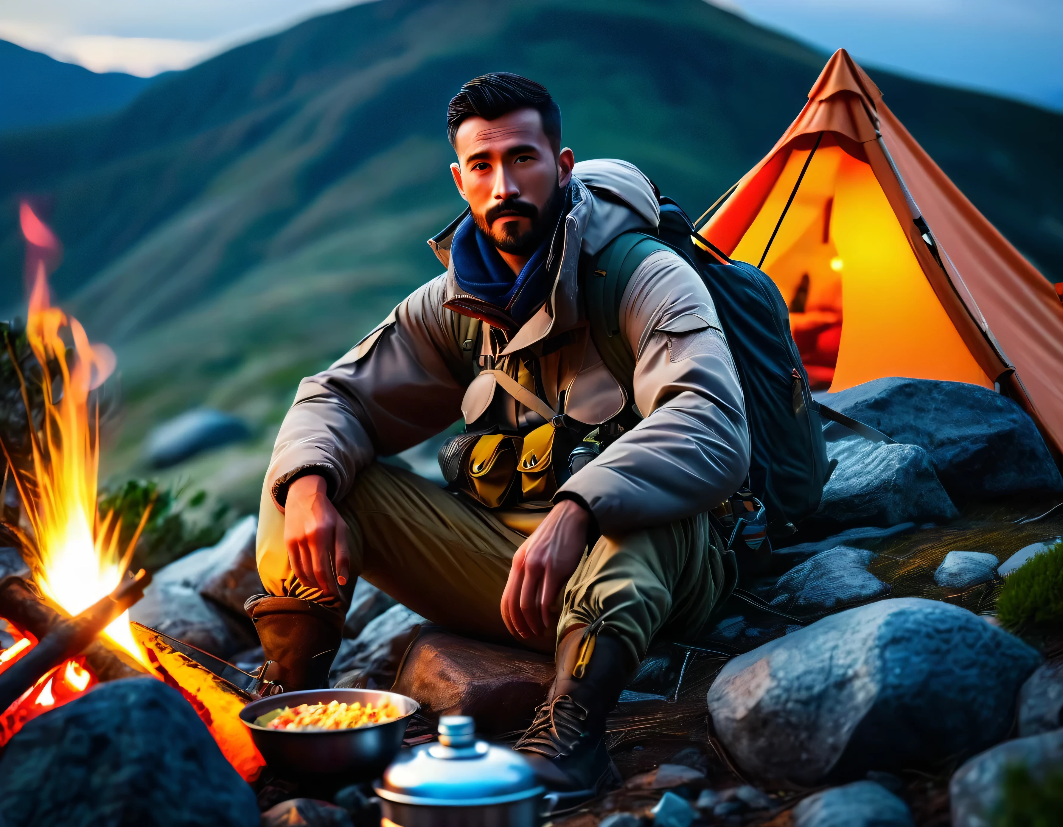 a man wearing an adventurer's uniform,sitting at the top of a mountain,rocks around,tent set up,table with food in place,fire and torch,survival equipment,night,(best quality,4k,8k,highres,masterpiece:1.2),ultra-detailed,(realistic,photorealistic,photo-realistic:1.37),HDR,UHD,studio lighting,extreme detail description,professional,vivid colors,bokeh,landscape,colored,soft and warm lighting