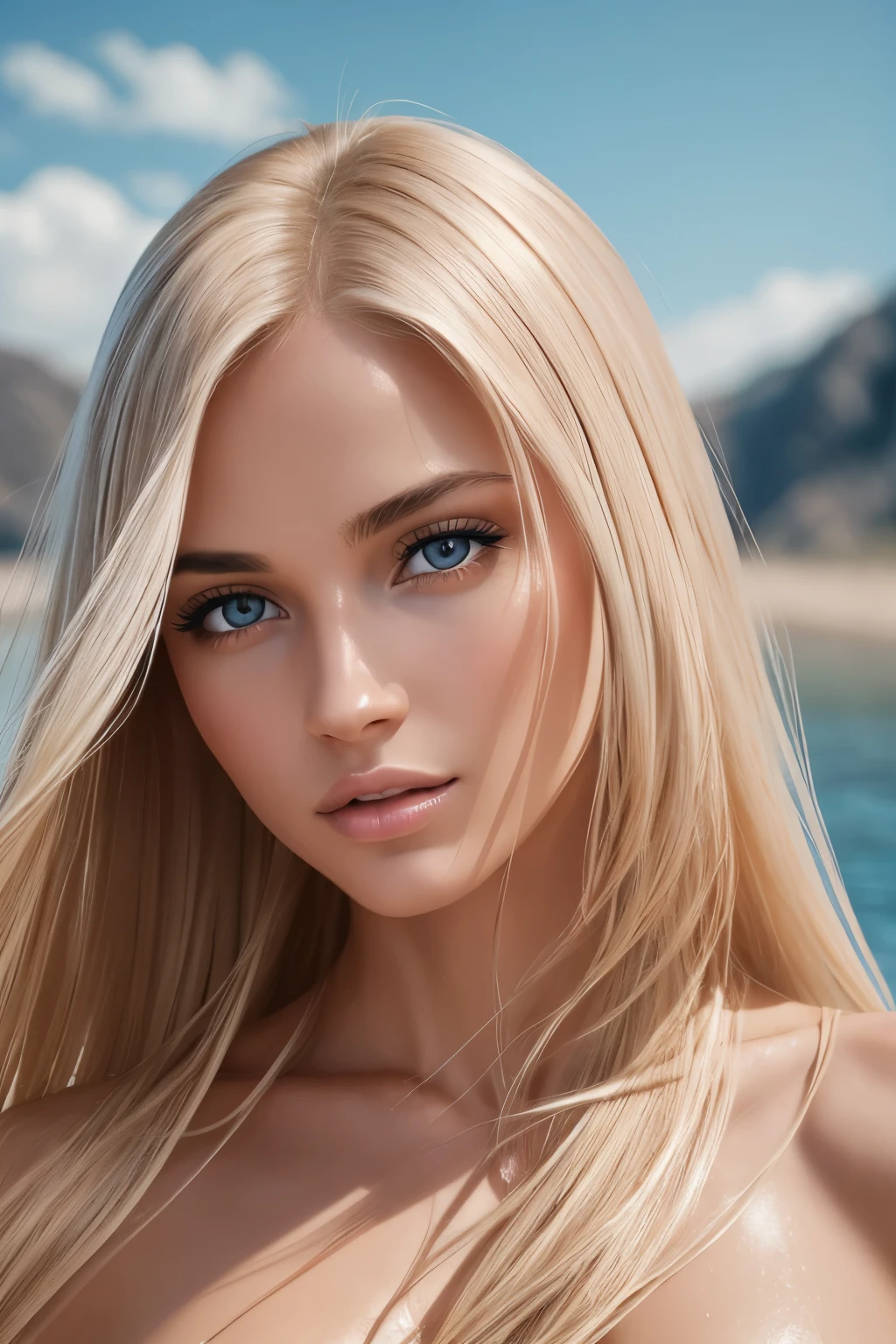 nude female, Botox lips, fully nude, very moist skin and hair, firm breasts, dark blond hair, long straight hair, wet peignoir, European, perfect body, open (thin, perfect body), photorealism trends, high-resolution details, raw photography, sharpness, uniqueness in d850 4, koda850 k 400 portrait camera, 1.6 lens, rich colors, hyperrealistic texture, spectacular lighting, a surprise to real art, the fashionable Cinestil 800 mechanism,