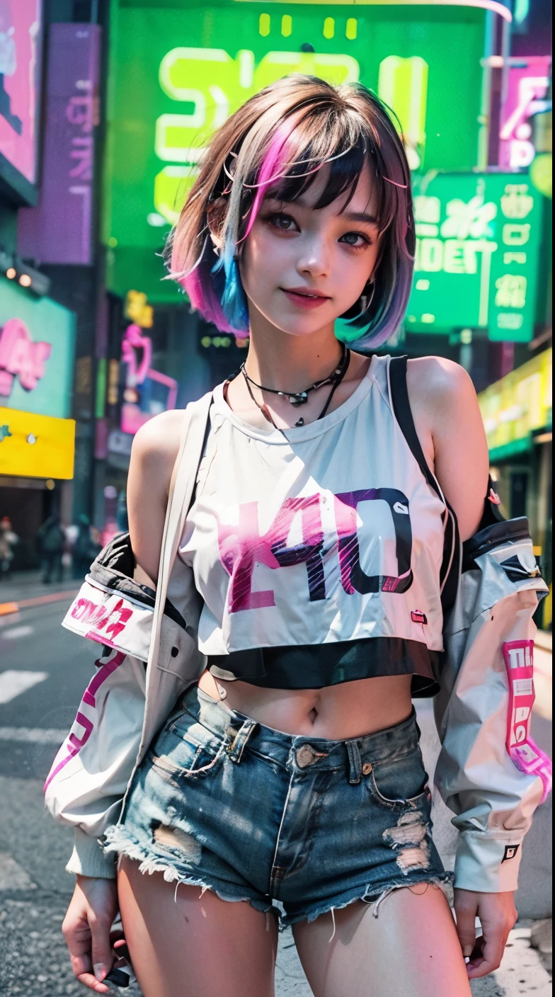 A colorful Bob cut haired punk girl, smooth white skin, innocent look, 15 years old, Ultra high res, uhd, (photorealistic:1.4), cyberpunk outfit, wink, smiling ear to ear, neon lighting, wearing short pants, colorful loose socks, full body shot, head to toe, fish eye lens, vogue pose, modelling,