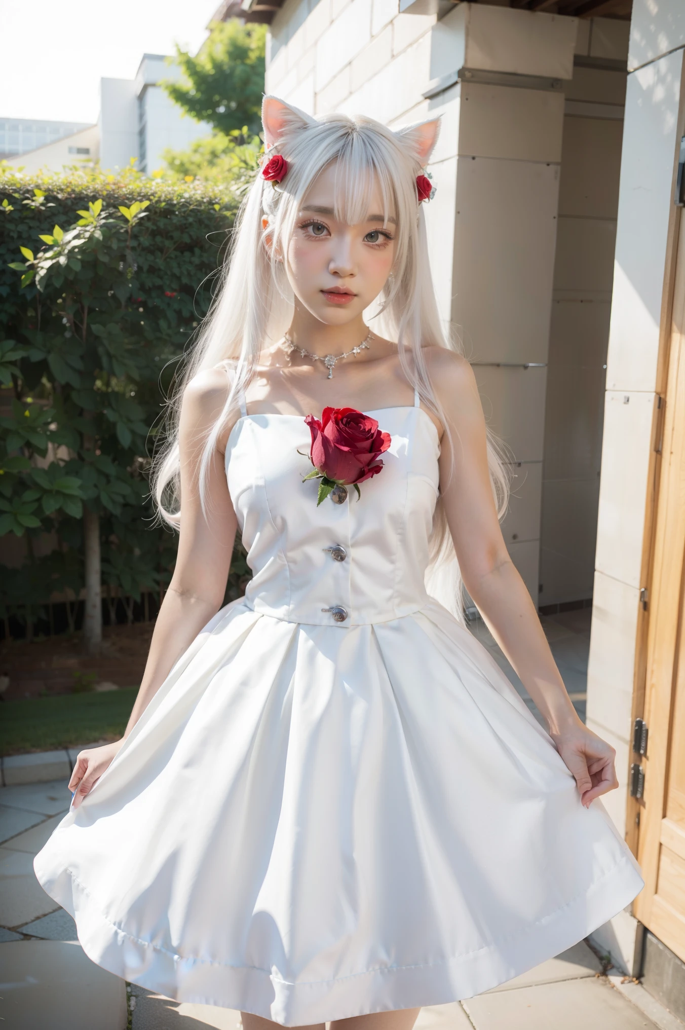 There was a woman wearing a white dress and a red rose in her hair., anime cosplay, anime girl cosplay, cosplay photo, Anime style mixed with Fujifilm, cosplay, white haired god, Beautiful kitsune woman, cosplayer, white cat girl, Silver Haired Girl, Nekomimi, Anime girls in real life, ayaka cosplay, White Hime cut hairstyle